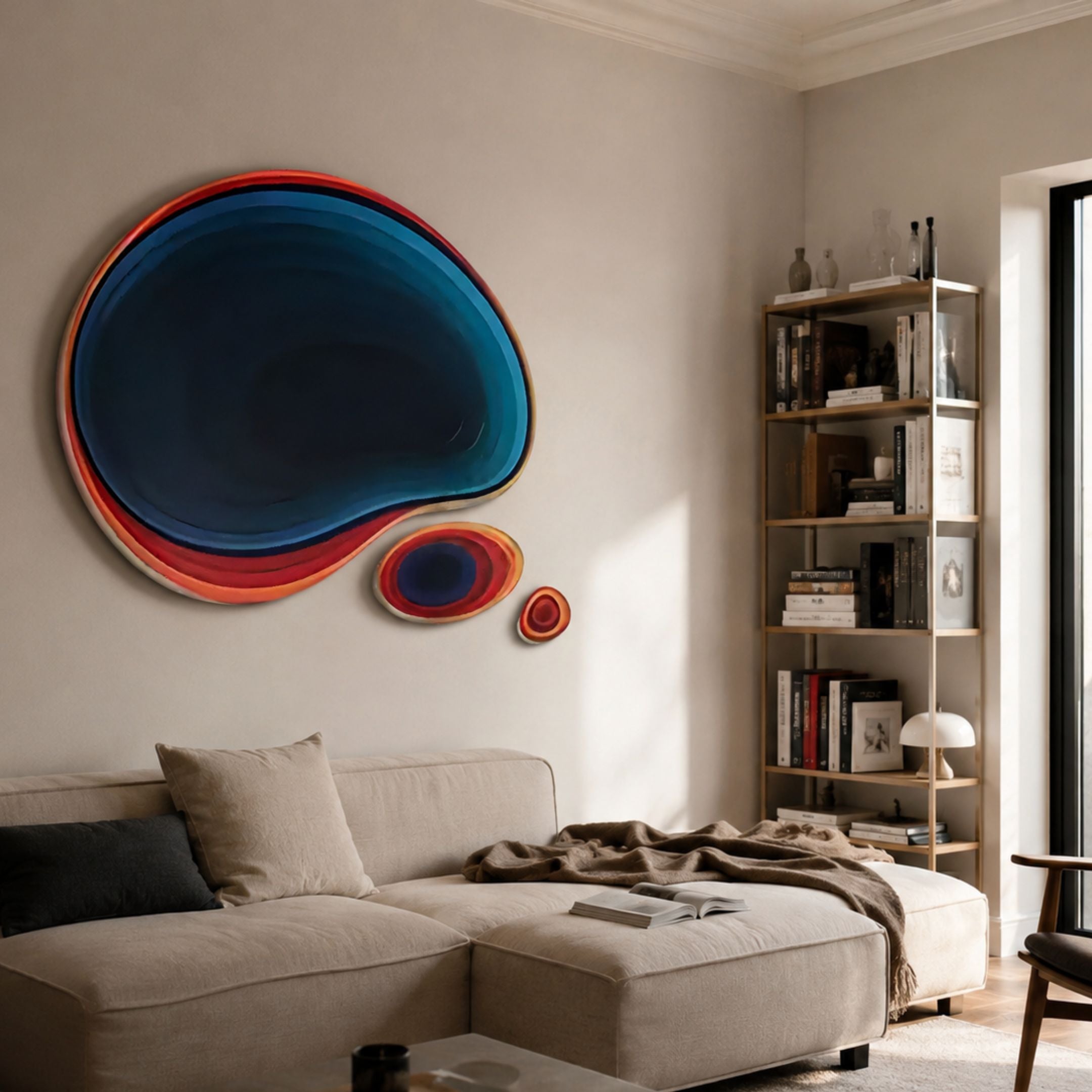 Pulse Glow Concentric Wave Structure Acrylic UV Wall Art by Giant Sculptures, indigo-to-teal bean forms with red-orange edges, above a beige sofa beside a bookshelf.