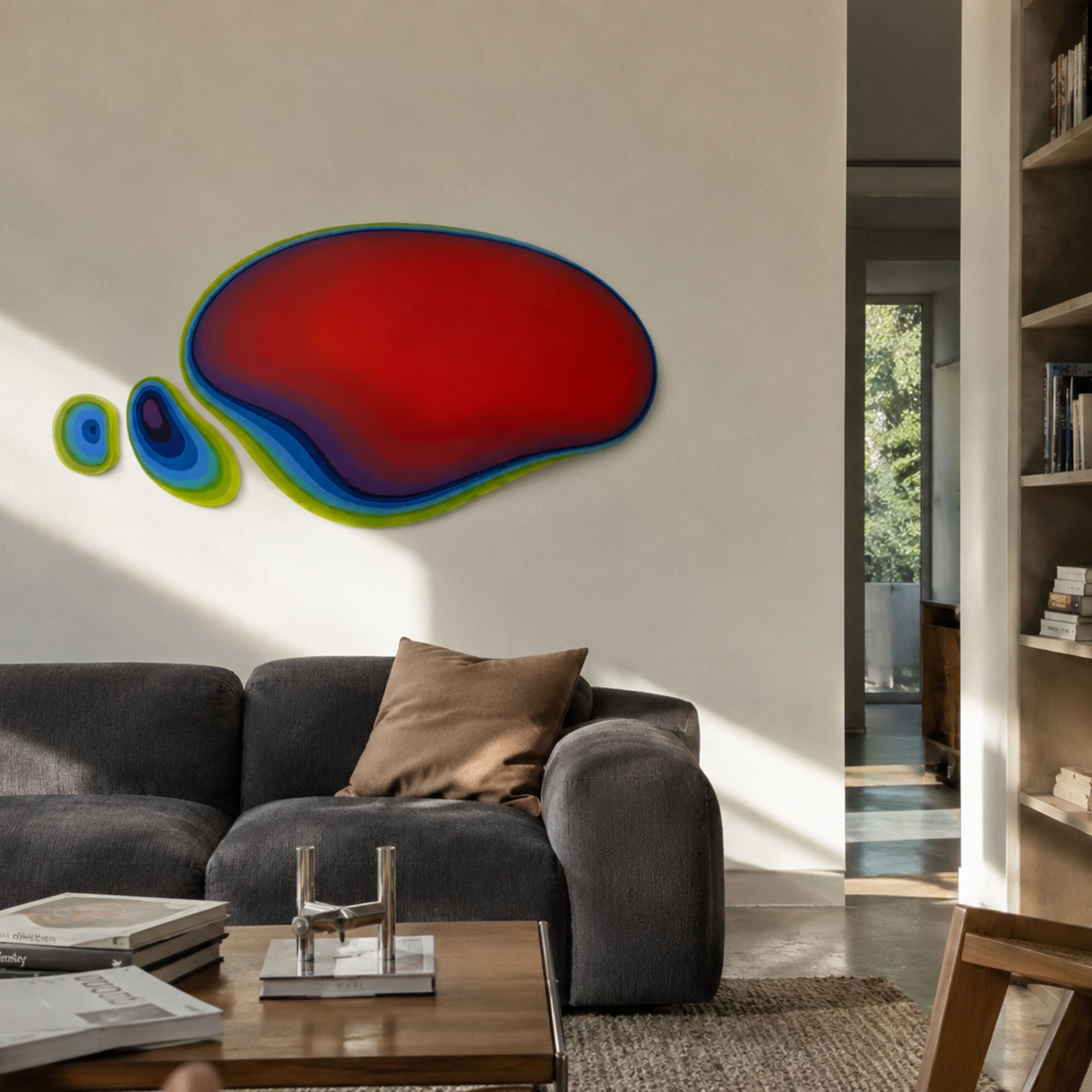 Pulse Glow Flowing Liquid Silhouette Acrylic UV Wall Art in red, purple, blue, and lime green displayed above a dark grey sofa in a sunlit living room.