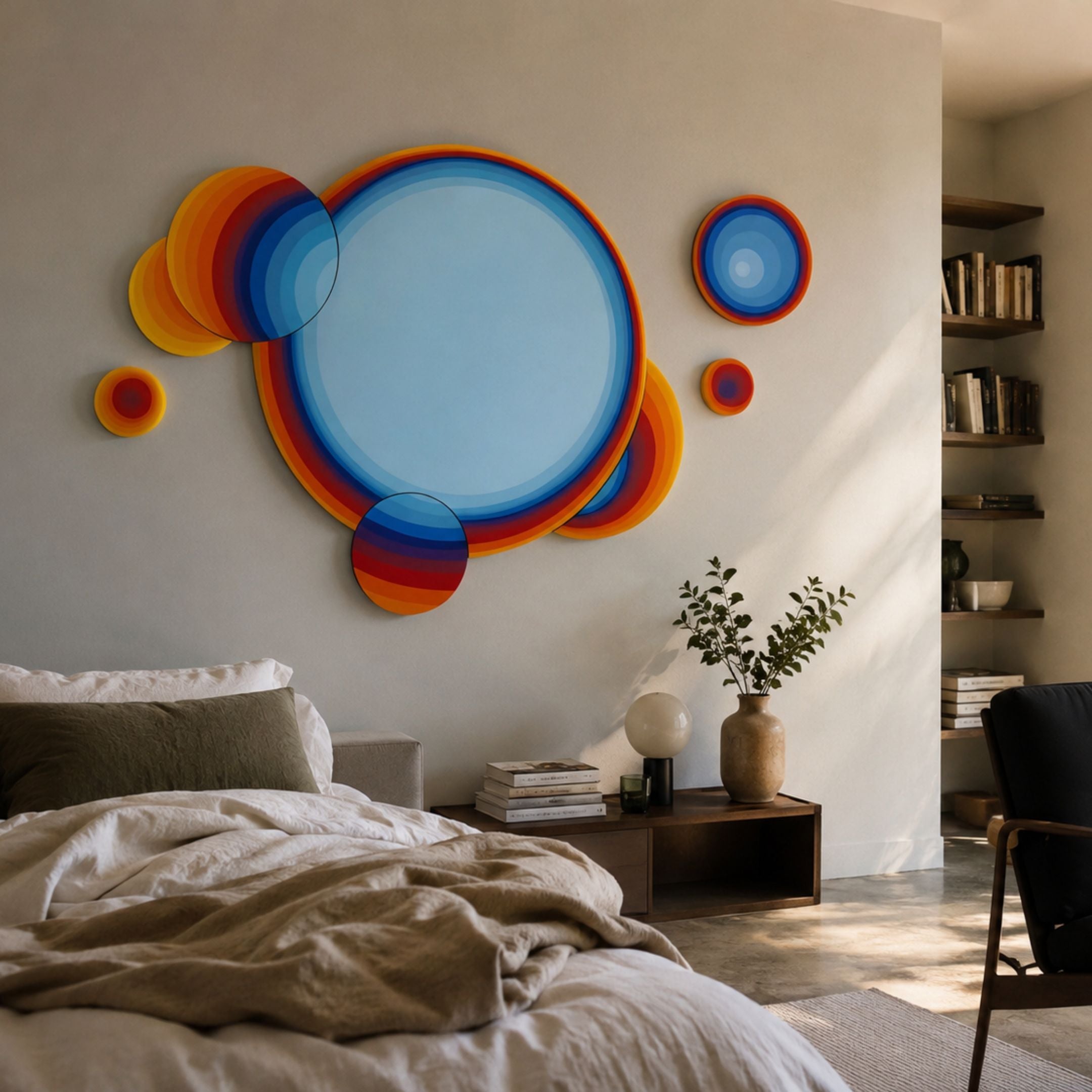 Pulse Layered Orb Composition Acrylic UV Wall Art by Giant Sculptures, blue, orange, red and yellow concentric orbs mounted above a bed and wooden console.