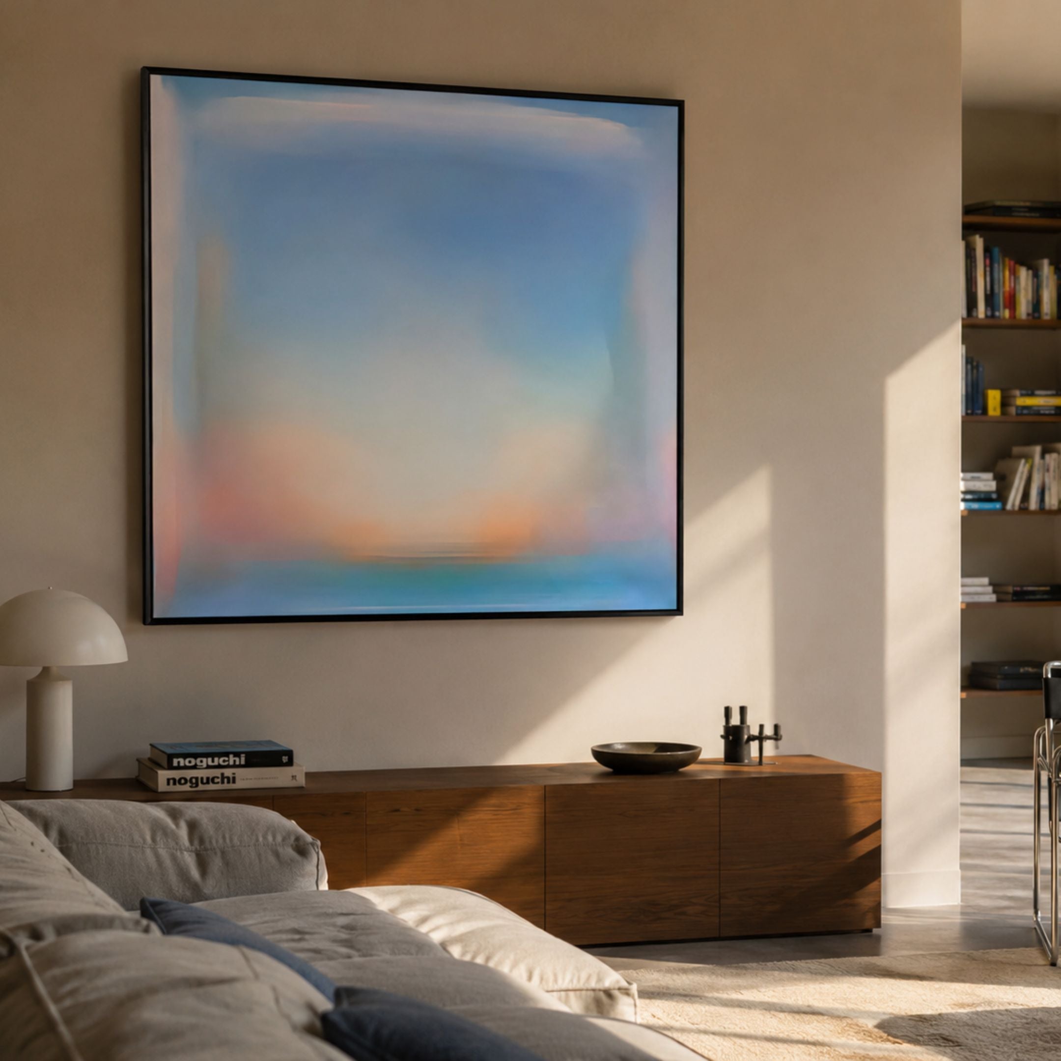 Lumin Celestial Veil Glow Crystal Porcelain Wall Art with soft blue, peach, and ivory gradients in a slim black frame, mounted above a walnut sideboard in a sunlit living room.