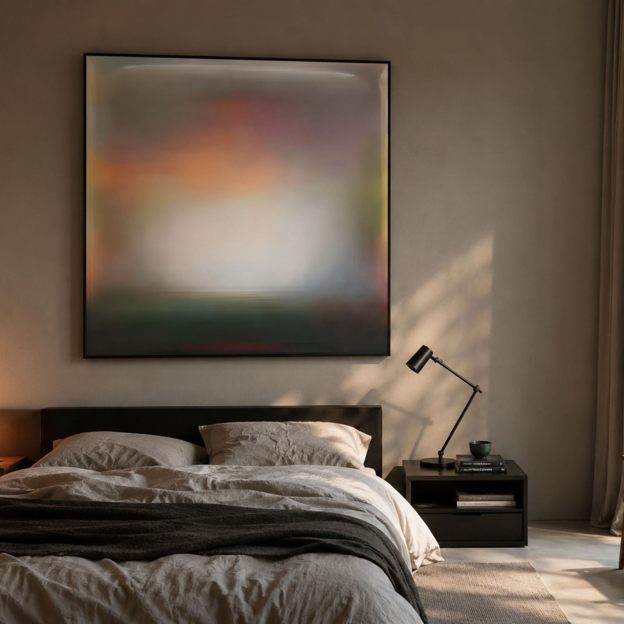 Lumin Soft Horizon Fade Crystal Porcelain Wall Art with orange, mauve, white and teal gradient in slim black frame, hung above a dark bed in a modern bedroom.