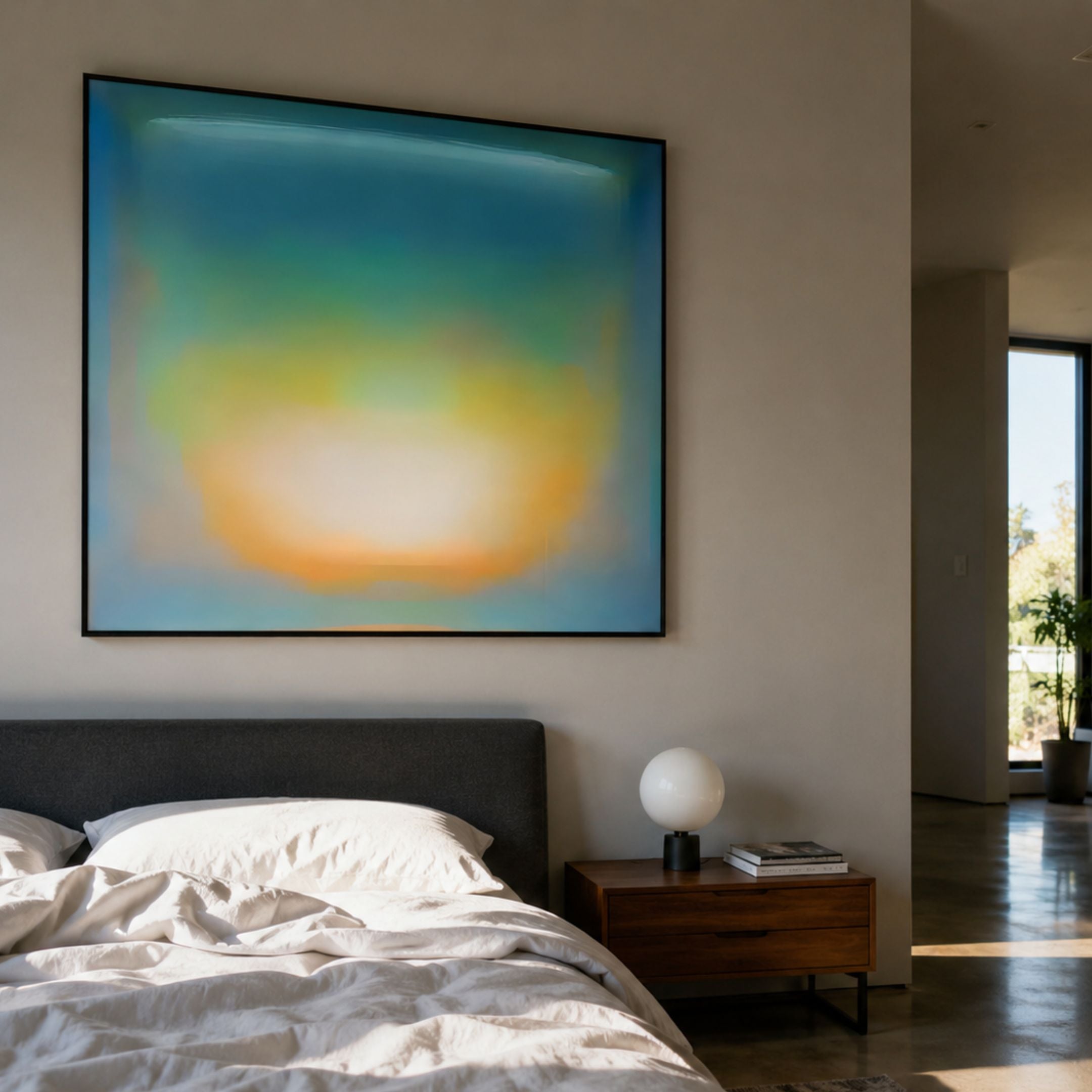 Lumin Radiant Light Pool Crystal Porcelain Wall Art in a black frame above a grey bed, showing blue, green, yellow, and orange gradient glow.