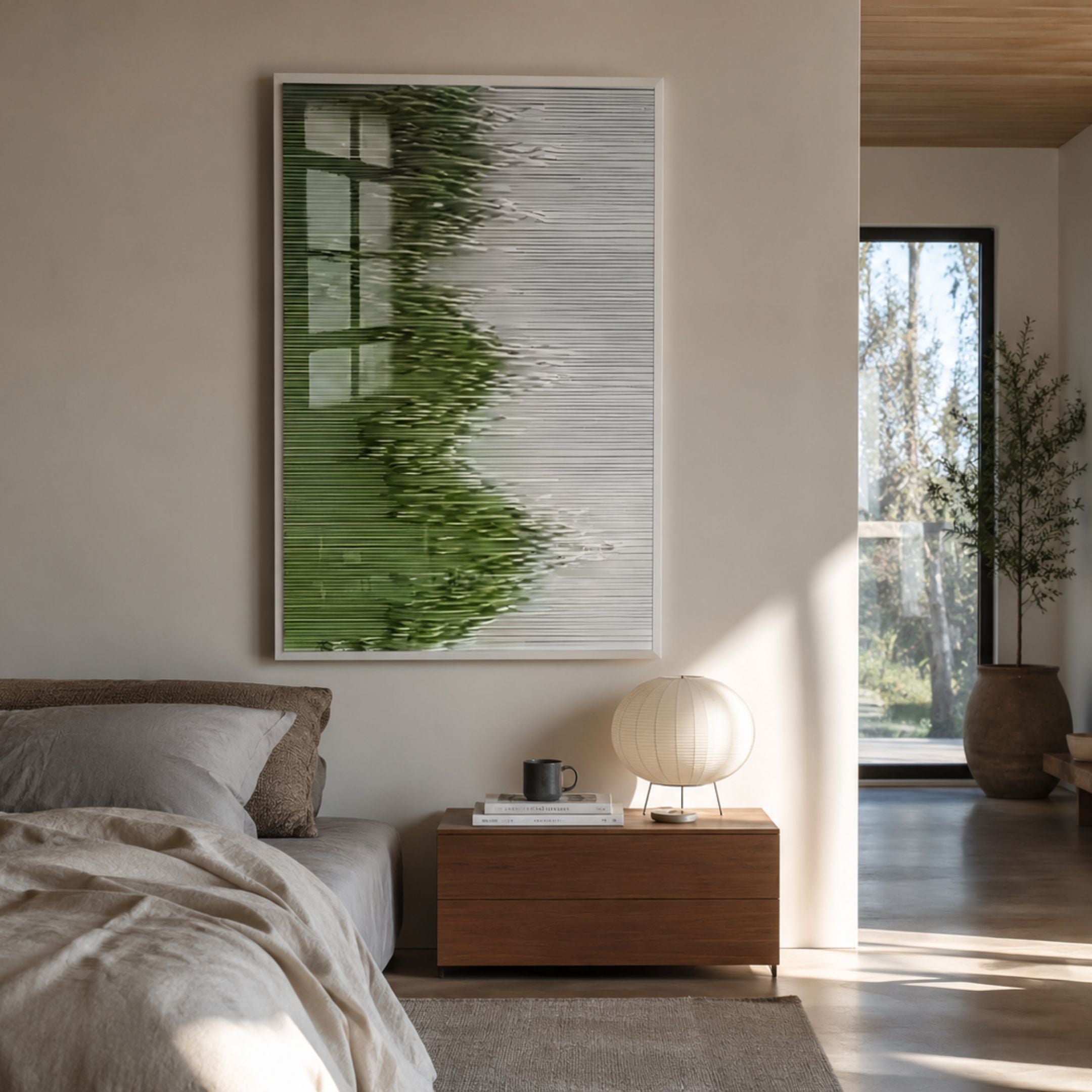Tessa Moss Ridges Wood Carving 3D Wall Art by Giant Sculptures displayed above a walnut nightstand in a neutral bedroom with linen bedding and paper lantern lamp.