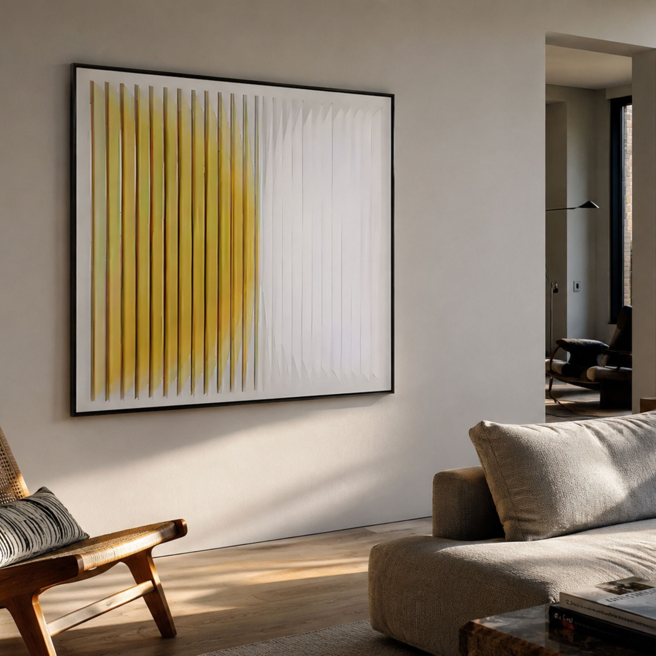 Halcyon Gold Fade Lens Acrylic 3D Wall Art by Giant Sculptures mounted in a sunlit modern living room above a wooden chair and textured sofa.