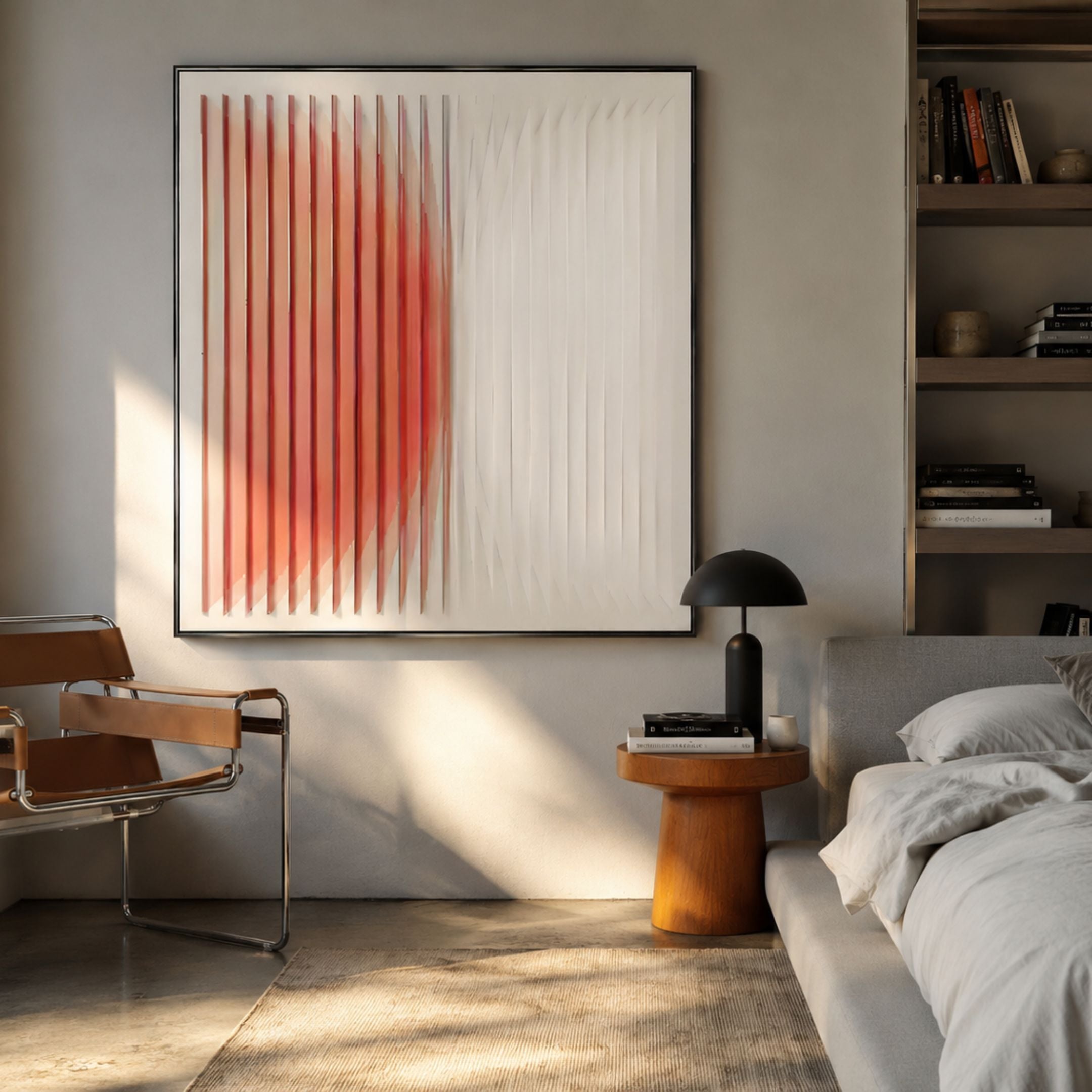 Halcyon Coral Fade Lens Acrylic 3D Wall Art by Giant Sculptures displayed in a bedroom above a wooden side table, beside a tan leather Wassily chair and grey bed.