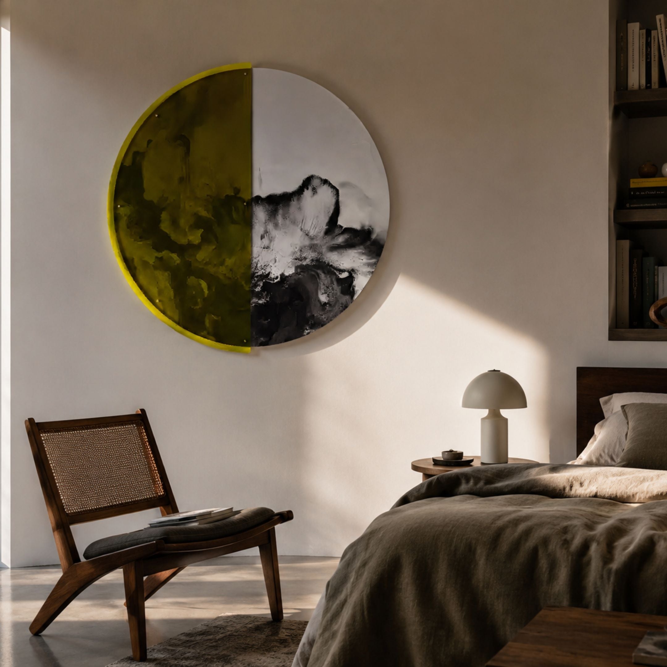 Halvra Citrus Veil Gradient Acrylic 3D Wall Art mounted above a wooden cane chair in a bedroom, with translucent yellow and black-and-white halves.