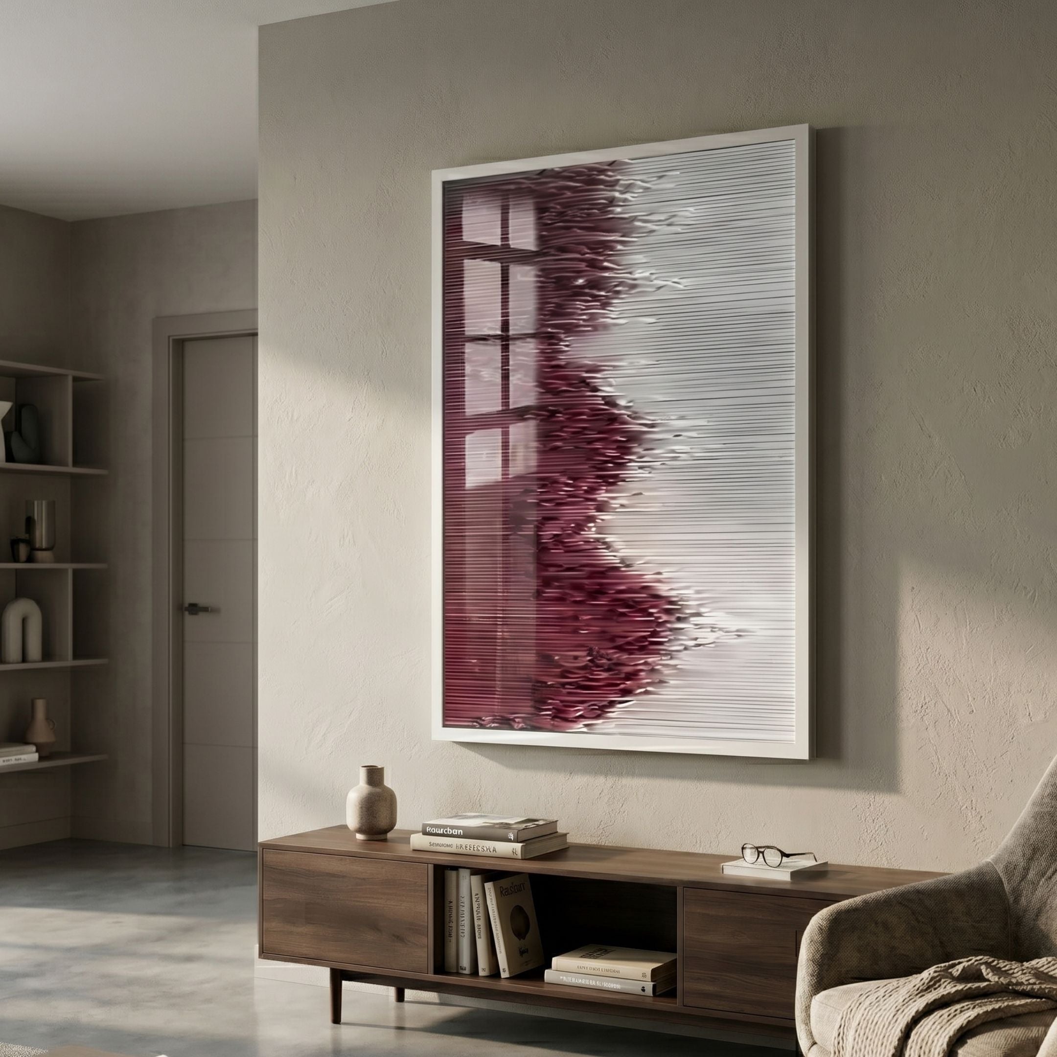 Tessa Rose Ridges Wood Carving 3D Wall Art in a framed dusky rose and white ridged panel mounted above a walnut media console in a modern living room.