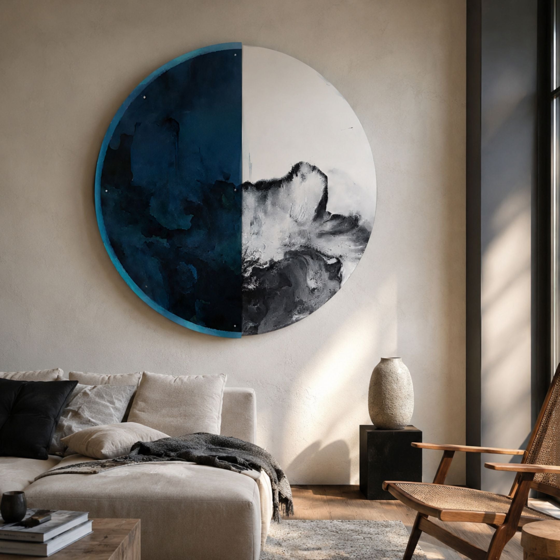 Halvra Deep Cobalt Ash Burst Acrylic 3D Wall Art mounted above a beige sofa, split circle pairing swirling cobalt blue with white textured ice surface.