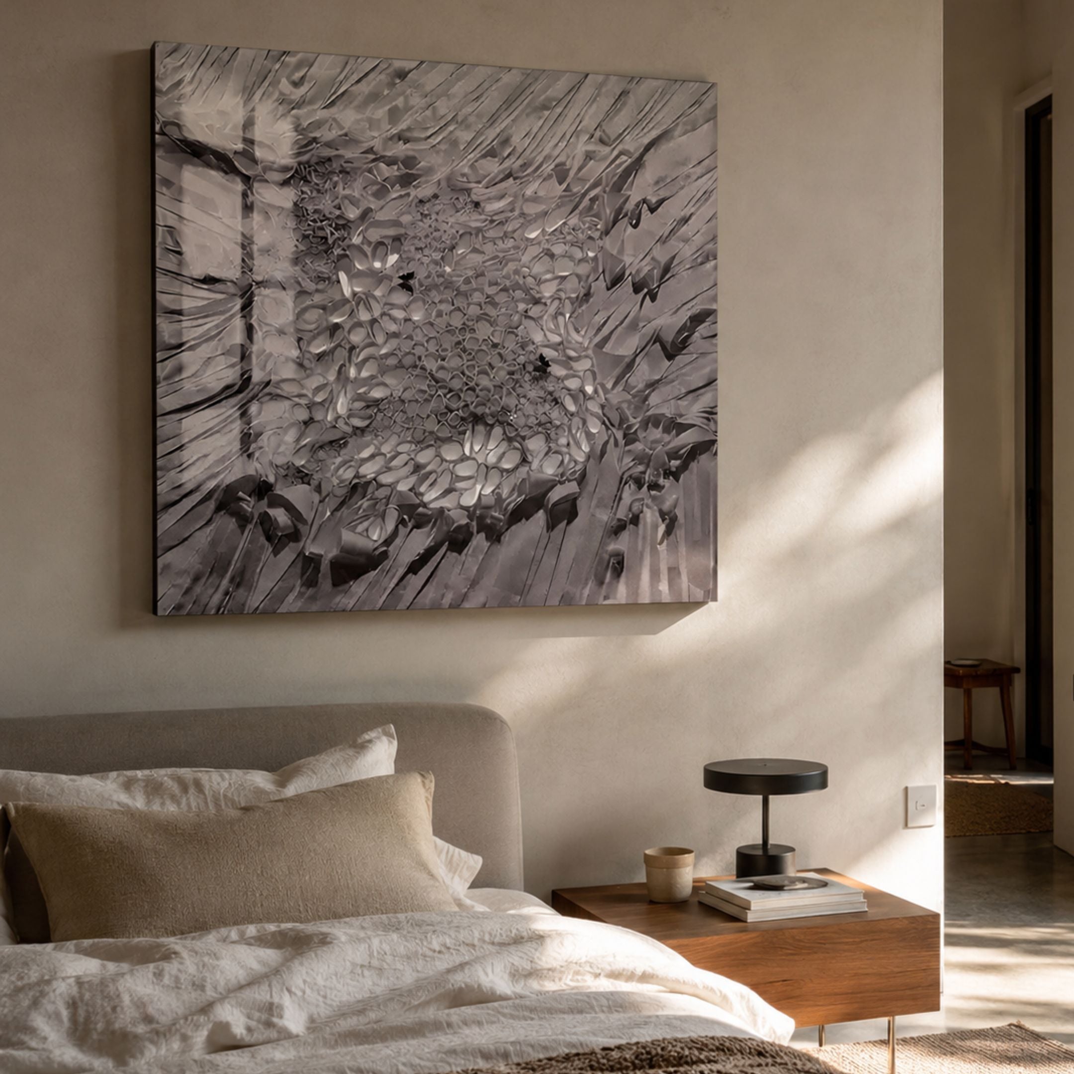 Velorra Dusty Lavender Bloom Ribbon Acrylic Frame 3D Wall Art displayed in greyscale tones above a linen-dressed bed with a walnut nightstand and table lamp.