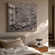 Velorra Dusty Lavender Bloom Ribbon Acrylic Frame 3D Wall Art displayed in greyscale tones above a linen-dressed bed with a walnut nightstand and table lamp.