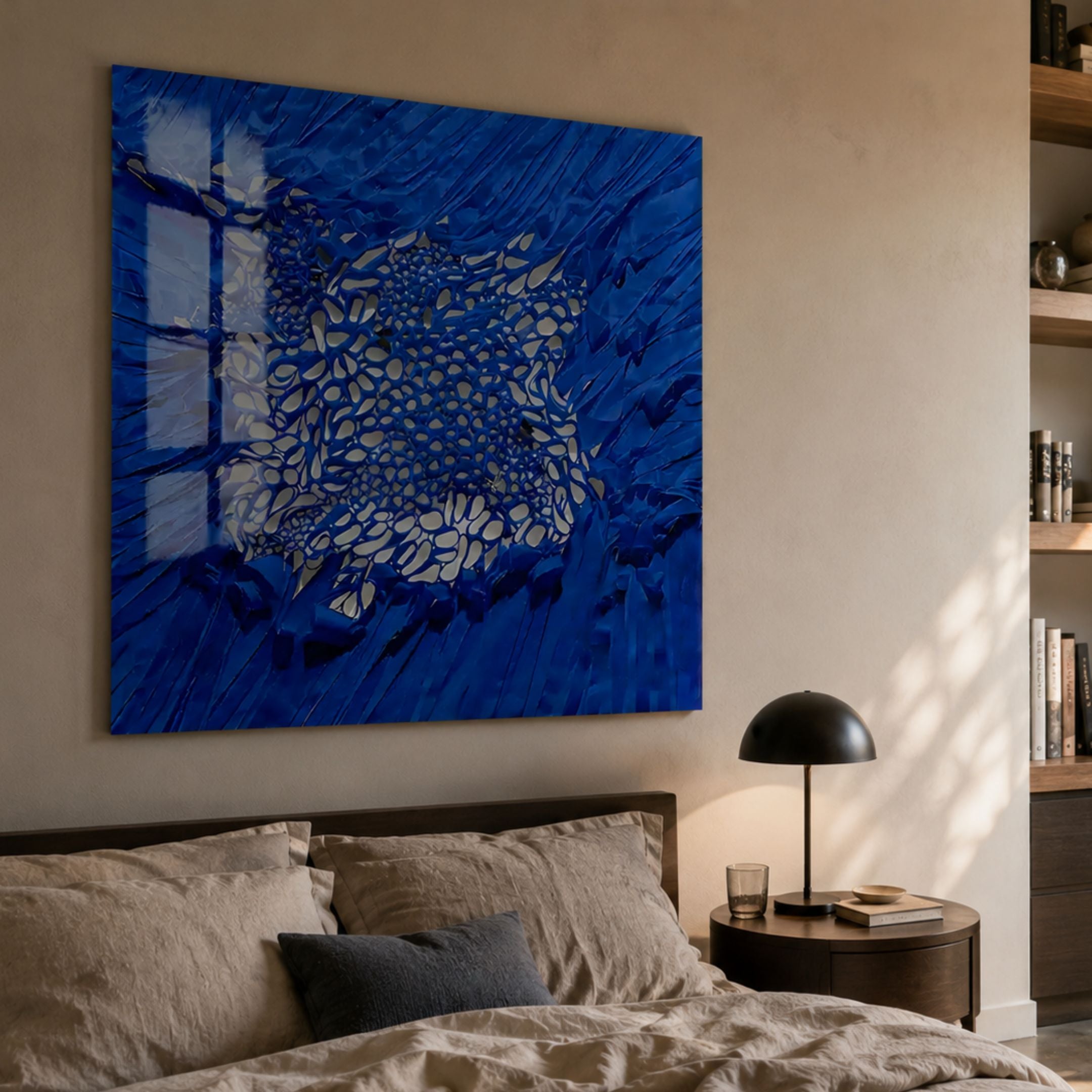 Velorra Royal Blue Bloom Ribbon Acrylic Frame 3D Wall Art mounted above a bed with linen bedding, a dark nightstand, and a black dome lamp.