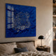 Velorra Royal Blue Bloom Ribbon Acrylic Frame 3D Wall Art mounted above a bed with linen bedding, a dark nightstand, and a black dome lamp.