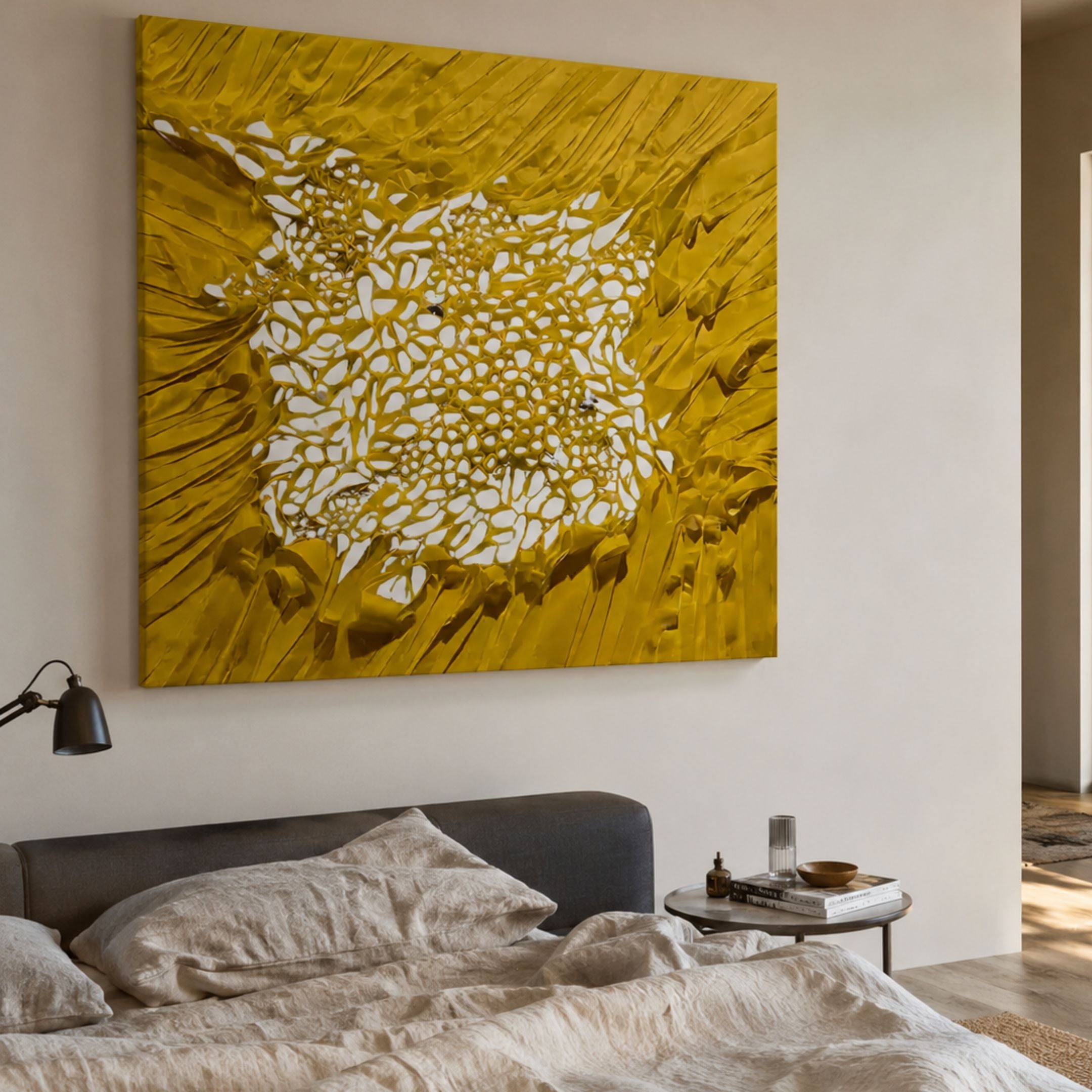 Velorra Golden Honey Bloom Ribbon Frameless 3D Wall Art mounted above a grey upholstered bed with linen bedding and a round side table in a warm bedroom.