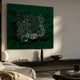 Velorra Emerald Green Bloom Ribbon Frameless 3D Wall Art mounted above a dark floating console with a black lamp and bowl in a neutral living room.