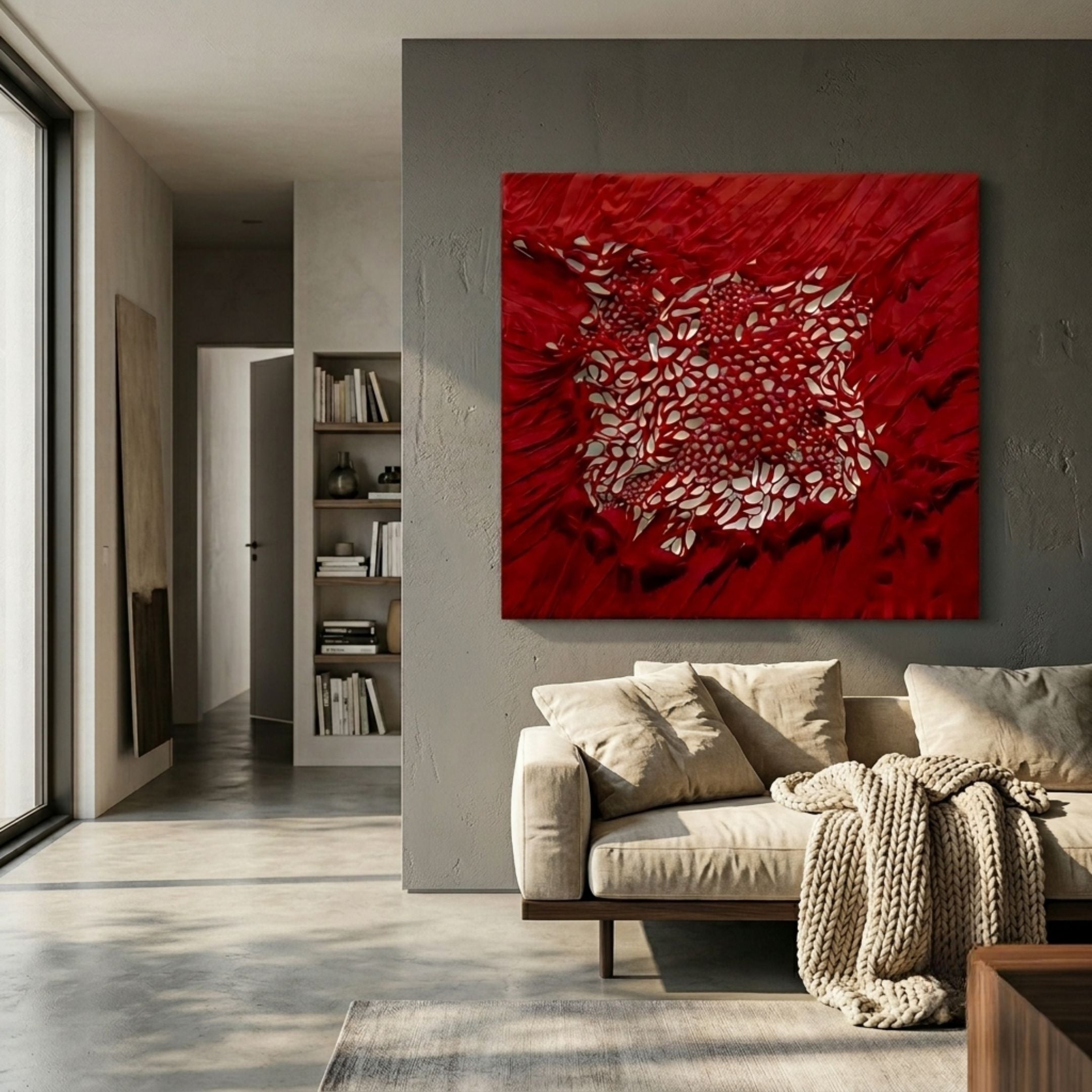 Velorra Crimson Red Bloom Ribbon Frameless 3D Wall Art displayed above a beige sofa in a modern grey-walled living room with a hallway view.
