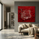 Velorra Crimson Red Bloom Ribbon Frameless 3D Wall Art displayed above a beige sofa in a modern grey-walled living room with a hallway view.