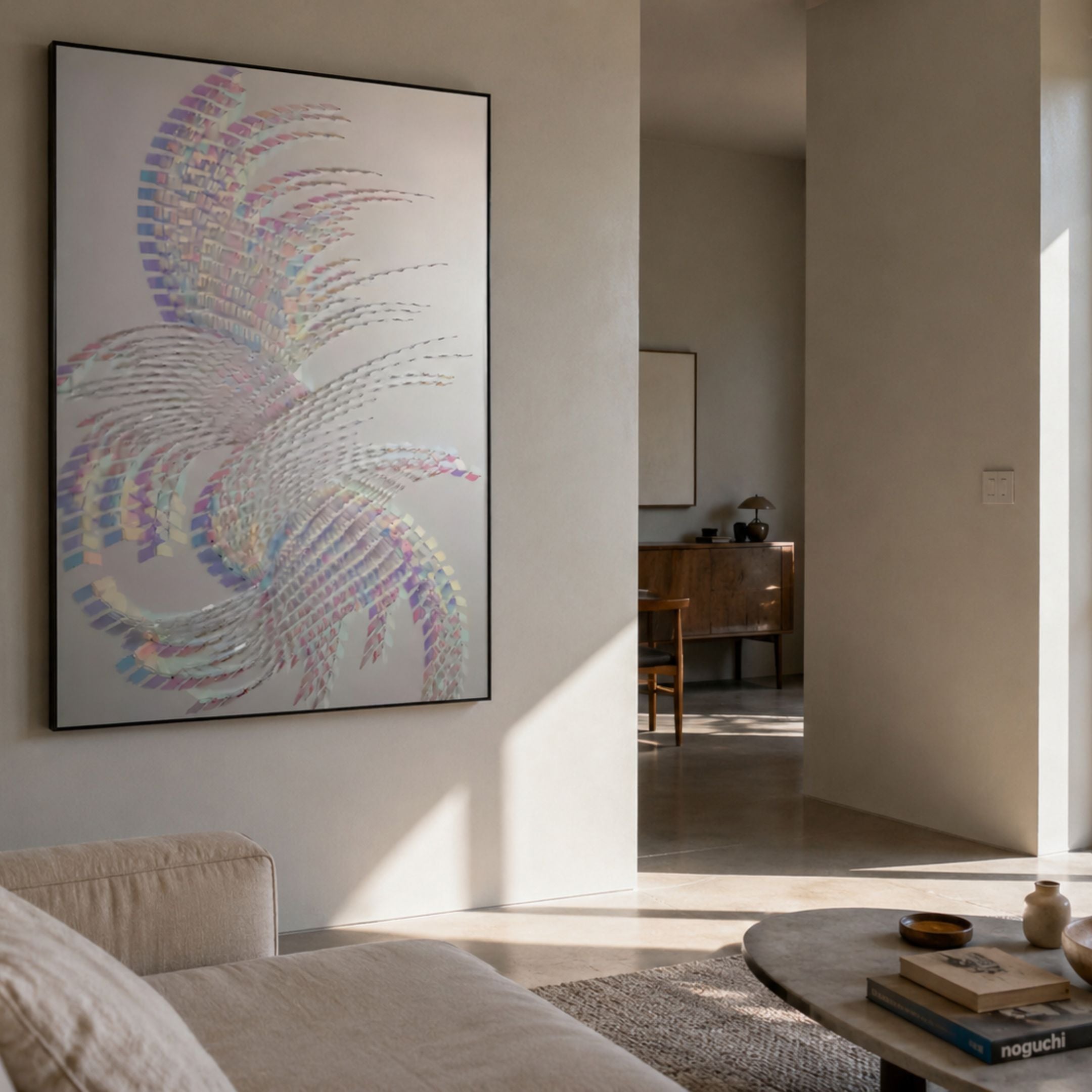 Lustra Iridescent Feather Motion Acrylic 3D Wall Art by Giant Sculptures in a black frame, displayed on a neutral wall in a sunlit modern living room.
