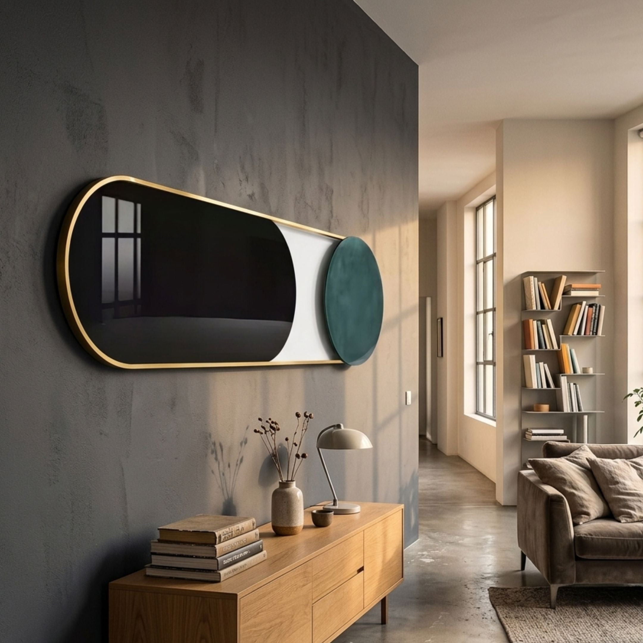 Modvara Charcoal Black Fusion Acrylic & Leather Wall Art by Giant Sculptures, glossy black pill panel with gold frame and grey leather disc, above an oak sideboard.