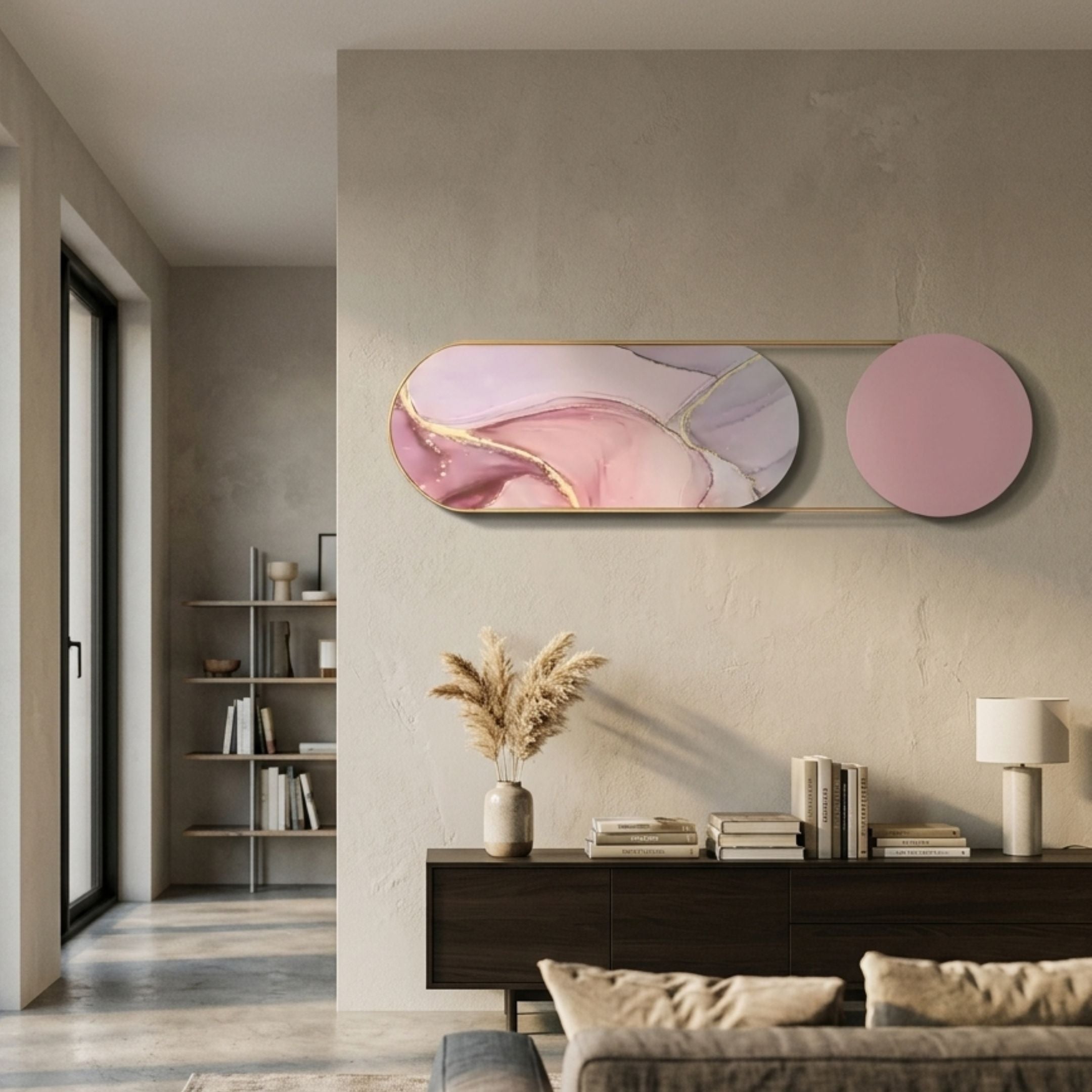 Modvara Blush Pink Fusion Acrylic & Leather Wall Art with a swirled pill-shaped acrylic panel and matte pink leather disc above a dark sideboard.