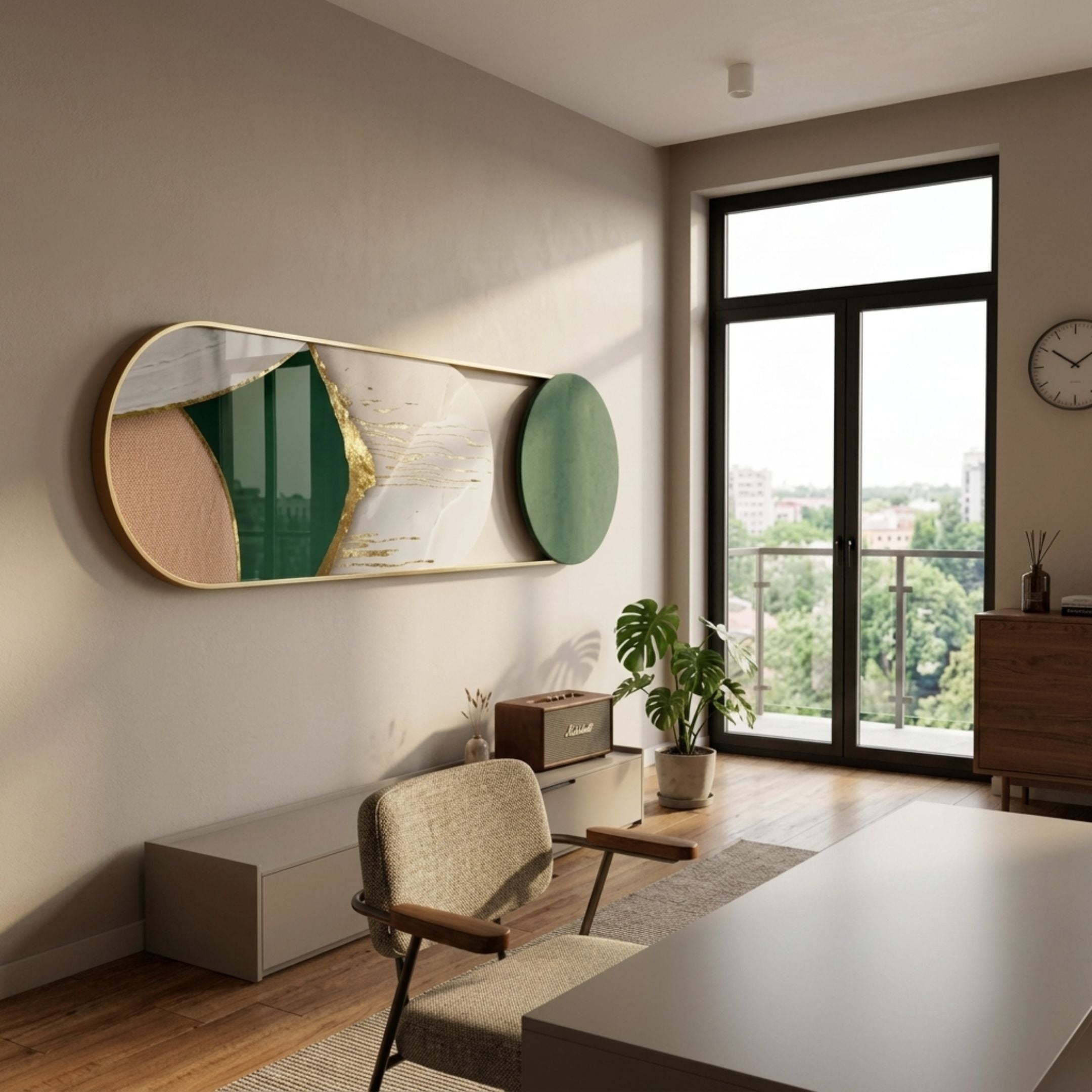 Modvara Marble Green Fusion Acrylic & Leather Wall Art by Giant Sculptures, pill panel and green leather disc displayed in a modern living room beside a window.