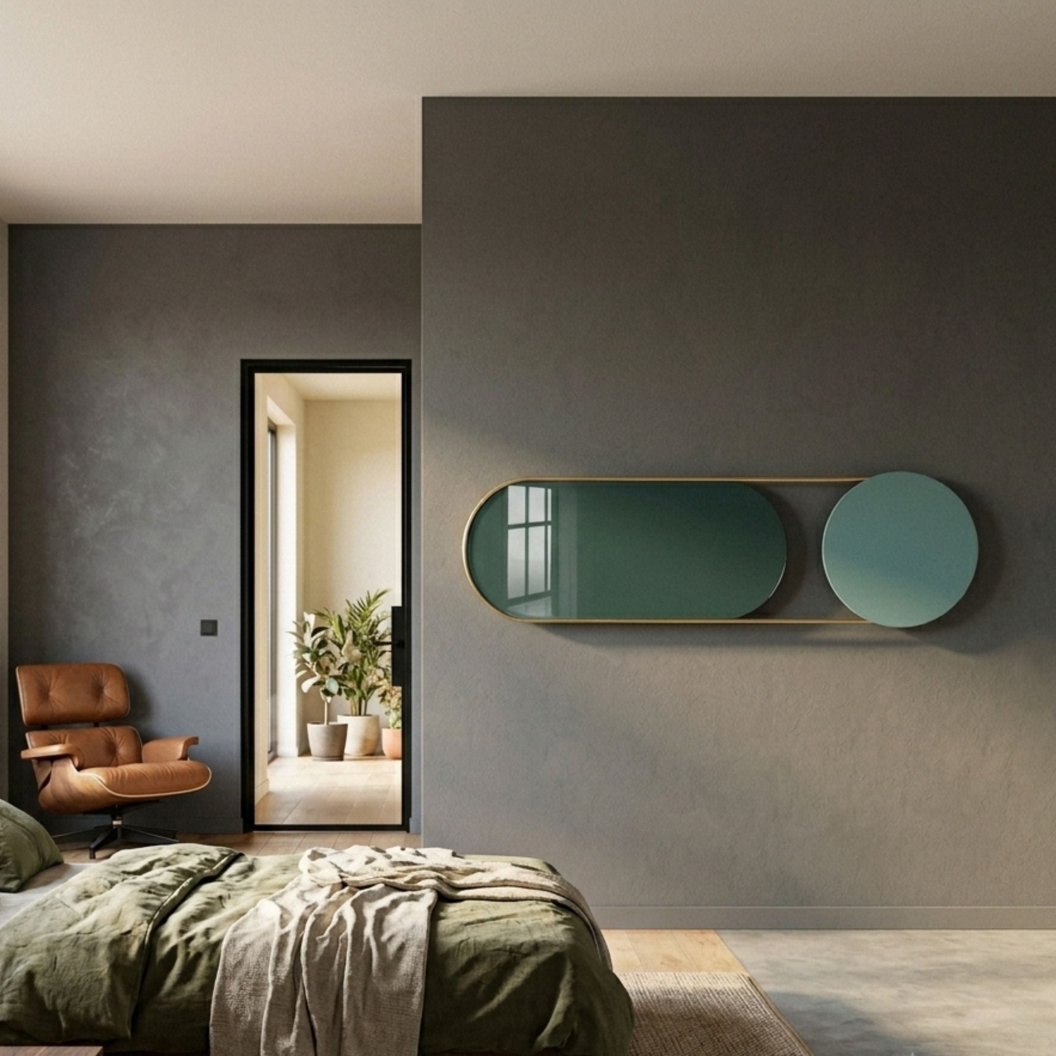 Modvara Solid Sky Blue Fusion Acrylic & Leather Wall Art by Giant Sculptures, mounted on a grey bedroom wall beside a tan leather lounge chair and doorway.