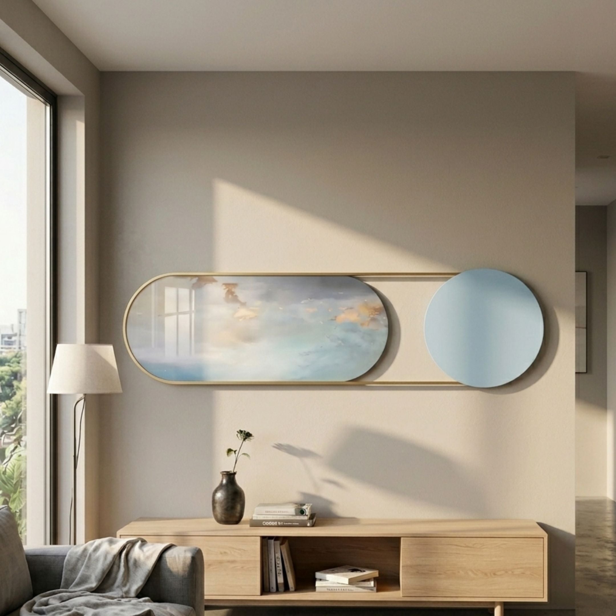 Modvara Sky Blue Fusion Acrylic & Leather Wall Art displayed above a light oak console in a modern living room, pairing a gold-framed oval panel with a blue circle.