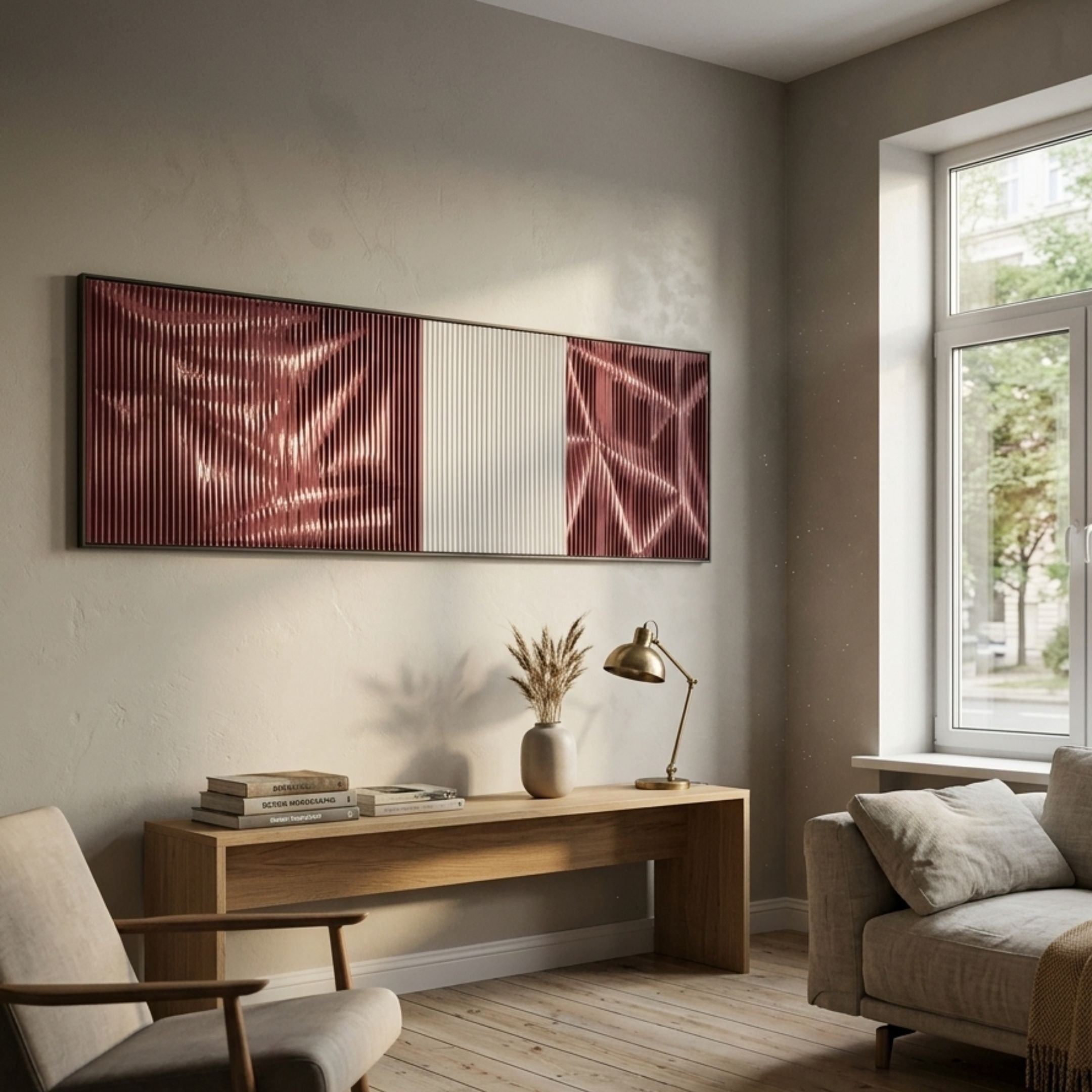 Vistara VIII Crimson & White Crinkle Texture Acrylic 3D Wall Art mounted above a wooden console table with lamp and vase in a sunlit living room.