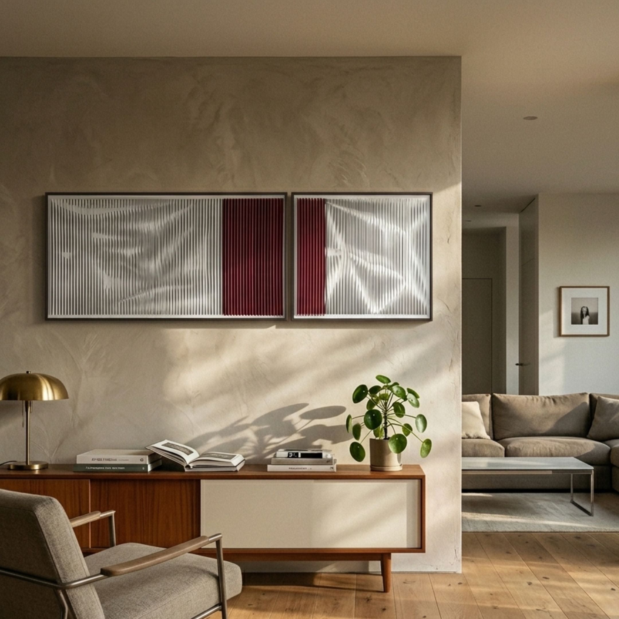 Vistara V Crimson & White Crinkle Texture Acrylic 3D Wall Art by Giant Sculptures displayed above a mid-century sideboard in a warm minimalist living room.
