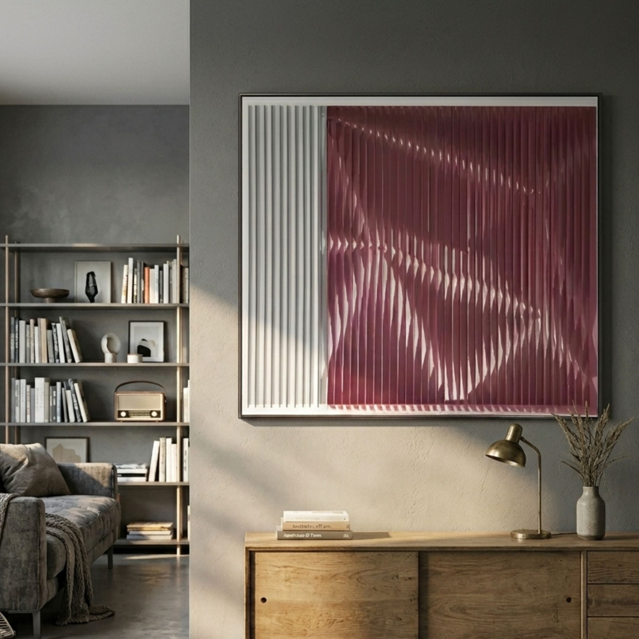Vistara IV Crimson & White Crinkle Texture Acrylic 3D Wall Art by Giant Sculptures mounted above a wooden sideboard with brass lamp in a modern grey living room.