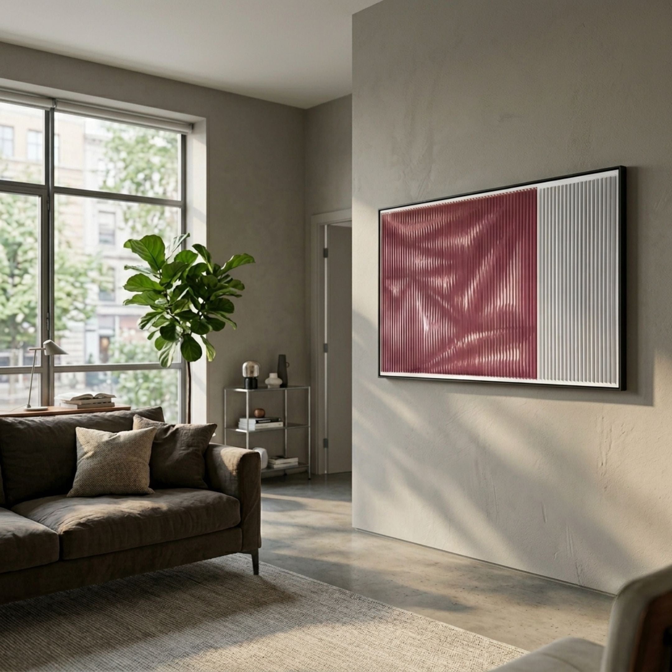 Vistara III Crimson & White Crinkle Texture Acrylic 3D Wall Art by Giant Sculptures displayed in a modern living room above a brown sofa near a tall window.