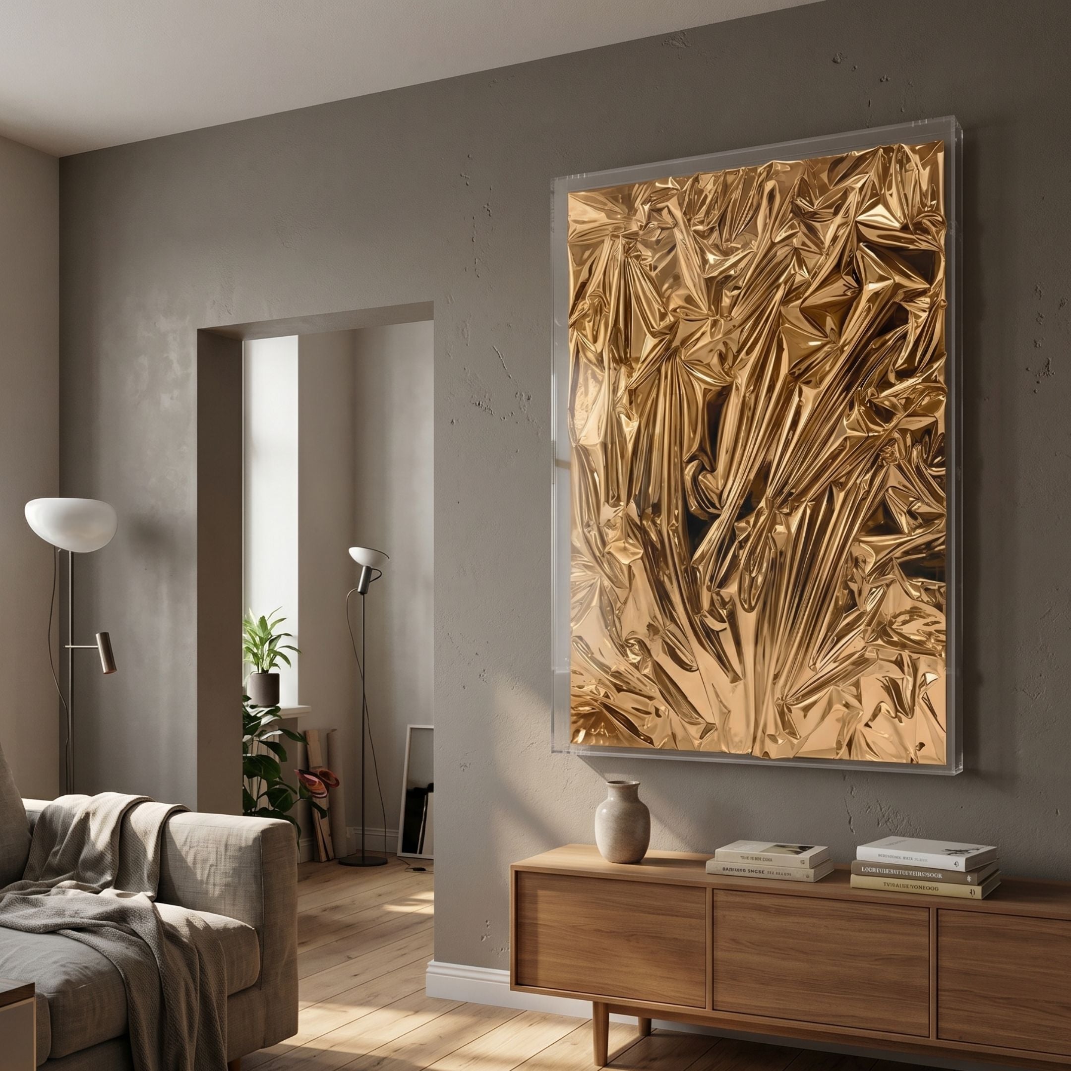 Metallique Amber Gold Crinkle Texture Leather 3D Wall Art by Giant Sculptures displayed in acrylic box frame above a wooden console in a warm grey living room.