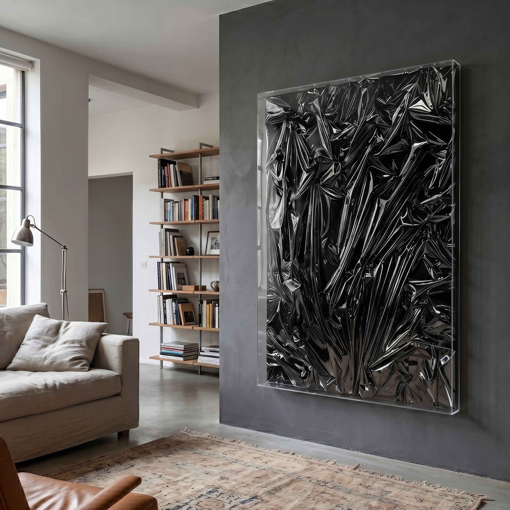 Metallique Deep Black Crinkle Texture Leather 3D Wall Art by Giant Sculptures mounted on a grey wall in a modern living room with linen sofa and bookshelf.