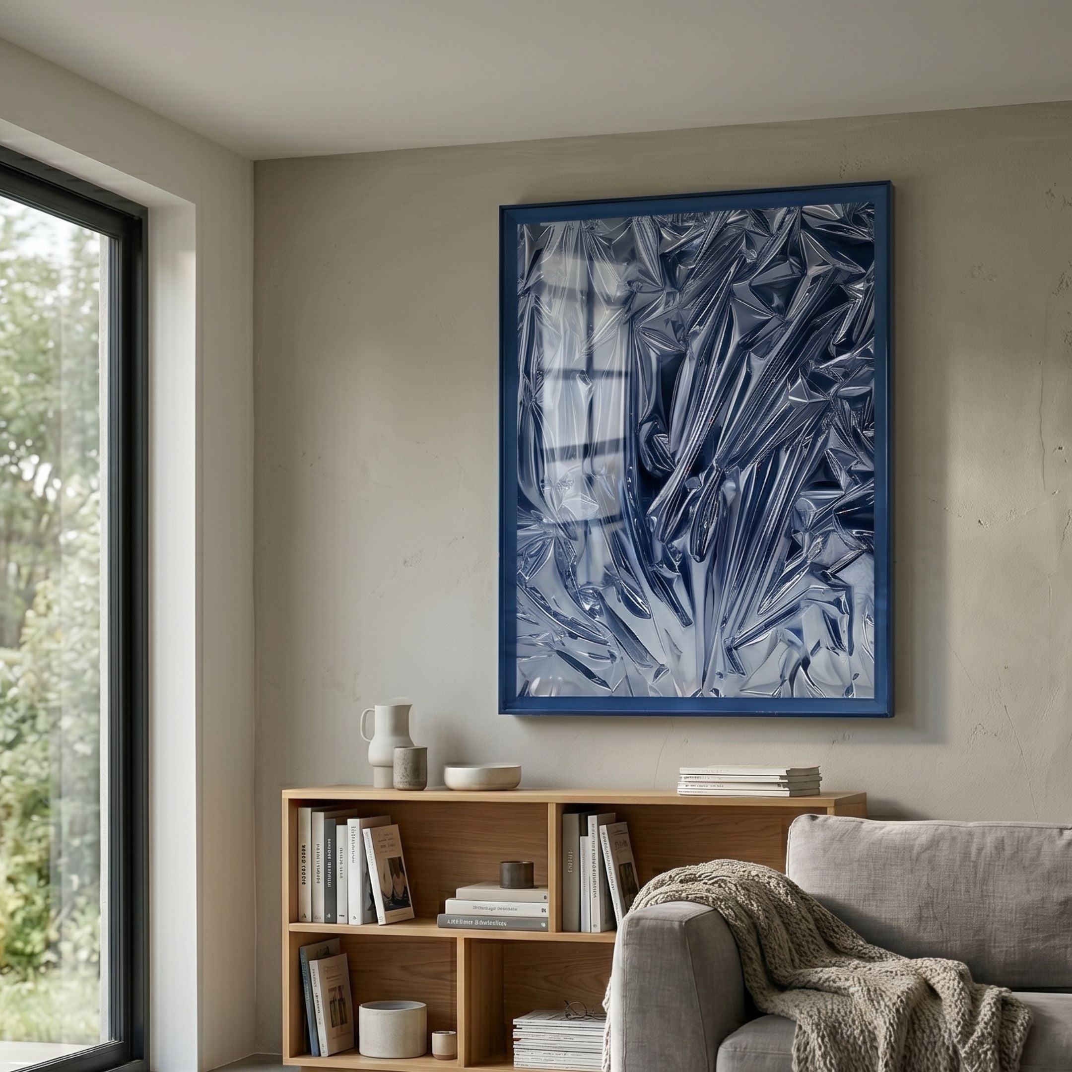 Metallique Sapphire Blue Crinkle Texture Leather 3D Wall Art by Giant Sculptures displayed above a wooden bookshelf in a sunlit living room beside a window.