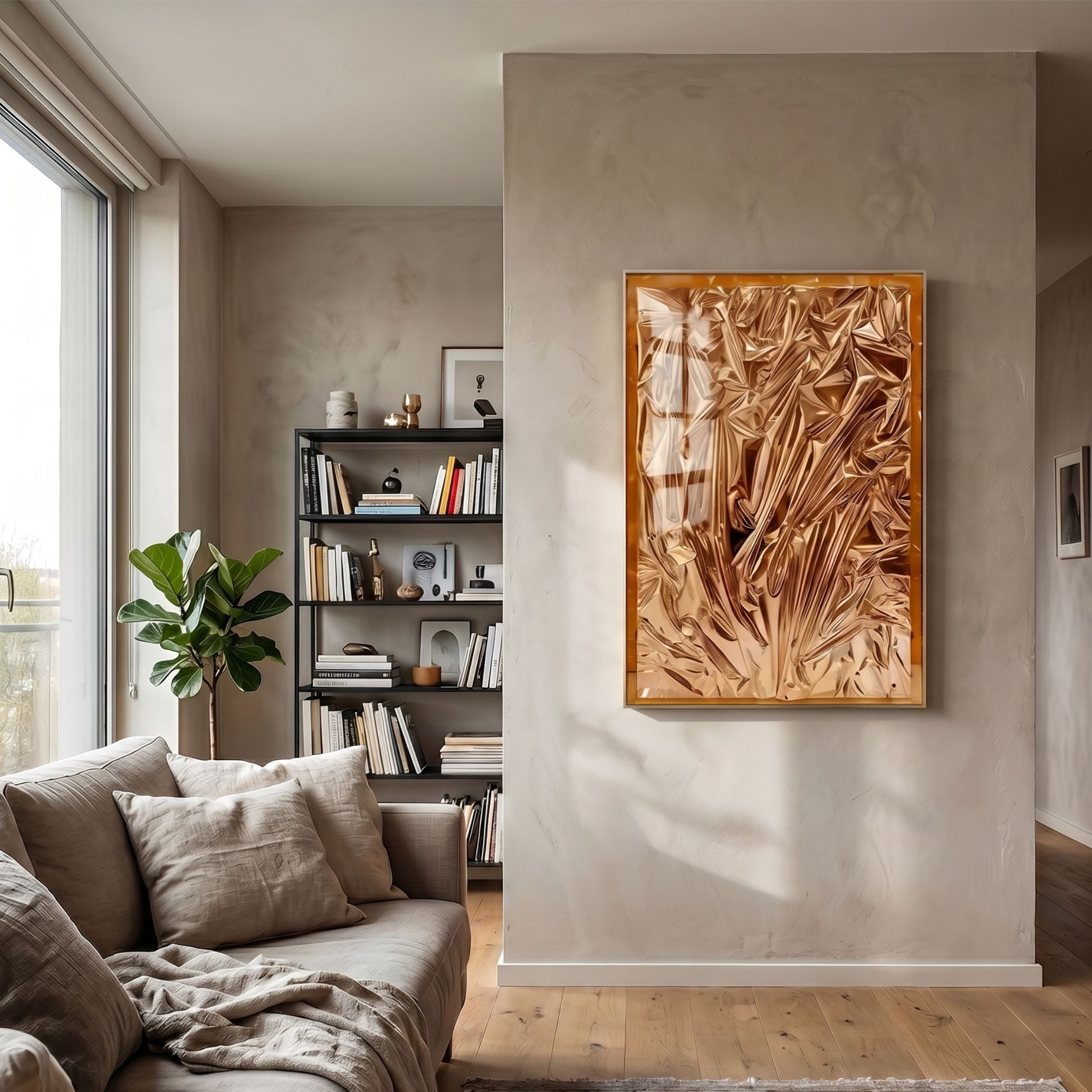 Metallique Copper Crinkle Texture Leather 3D Wall Art by Giant Sculptures displayed in a neutral living room above a linen sofa beside a bookshelf and fiddle leaf fig.