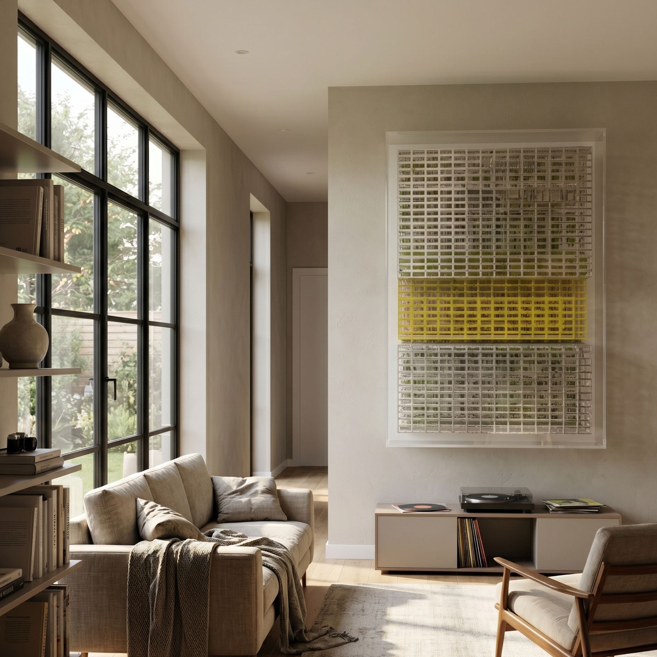 Artisana Yellow & White Grid 3D Paper Wall Art by Giant Sculptures in an acrylic box frame, mounted above a record console in a neutral modern living room.