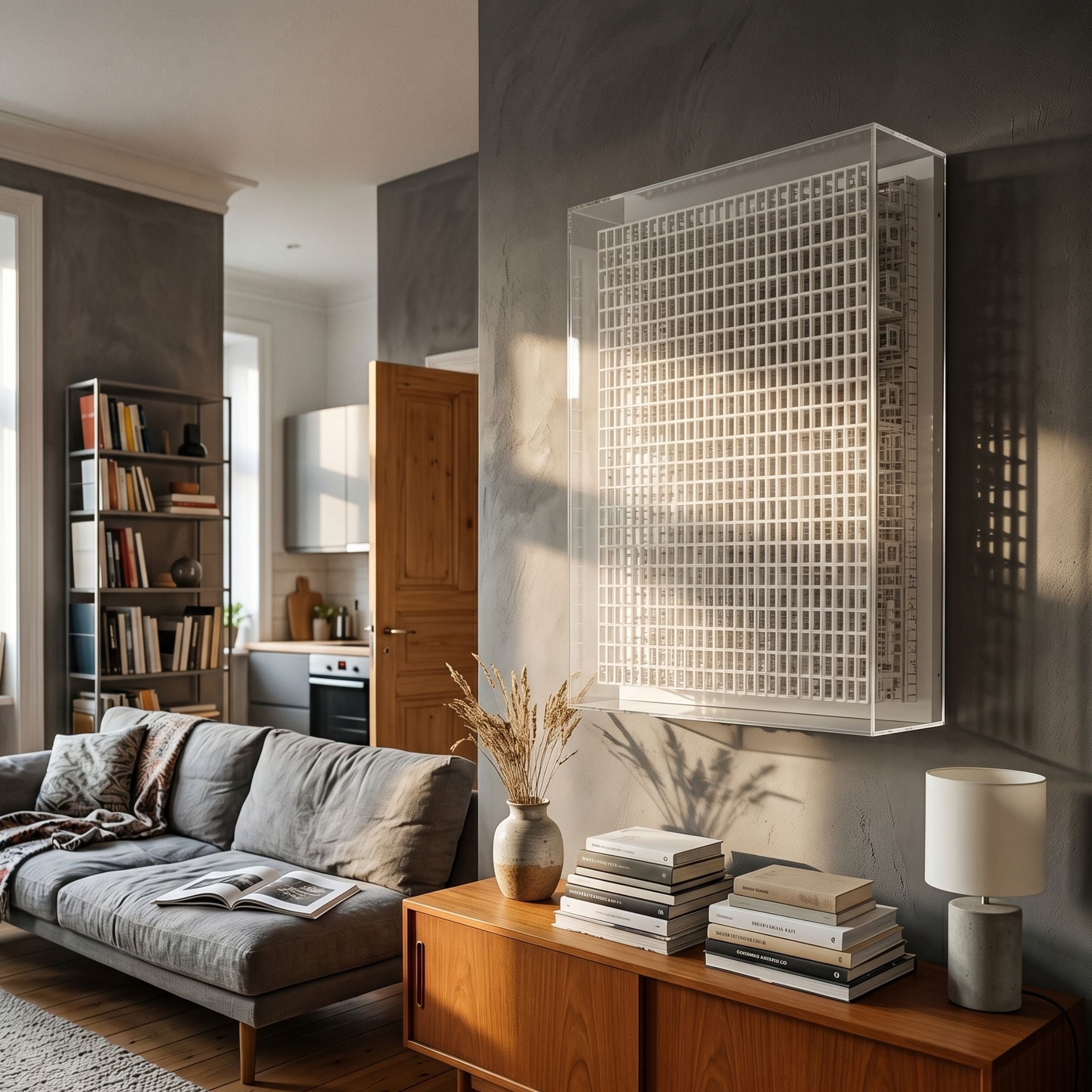 Artisana White Grid 3D Paper Wall Art by Giant Sculptures in an acrylic case, mounted above a teak sideboard in a modern living room with grey sofa.