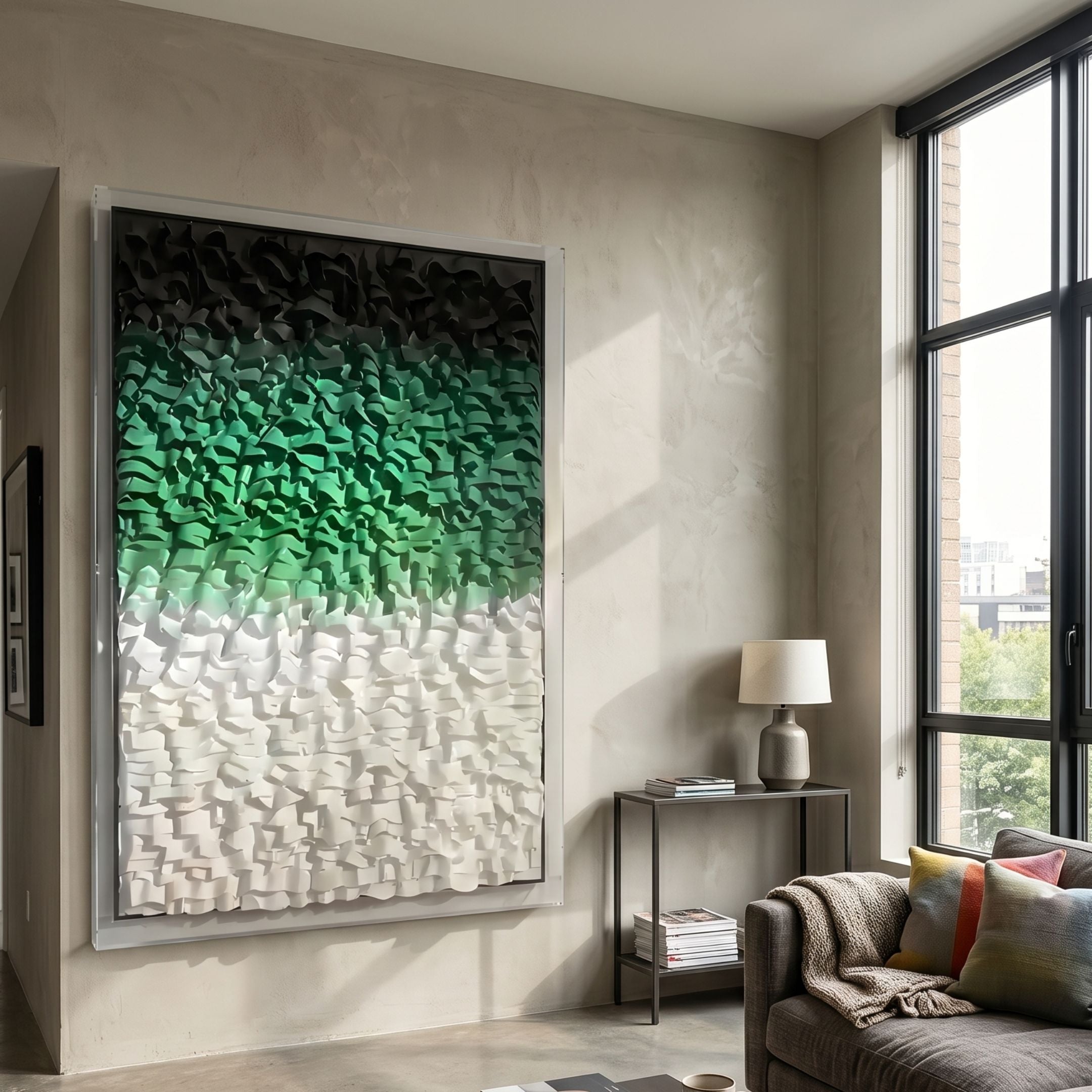 Vistra Black, Green & White Ombre Ruffled 3D Paper Wall Art by Giant Sculptures mounted on a beige wall in a modern living room beside a tall window and side table.