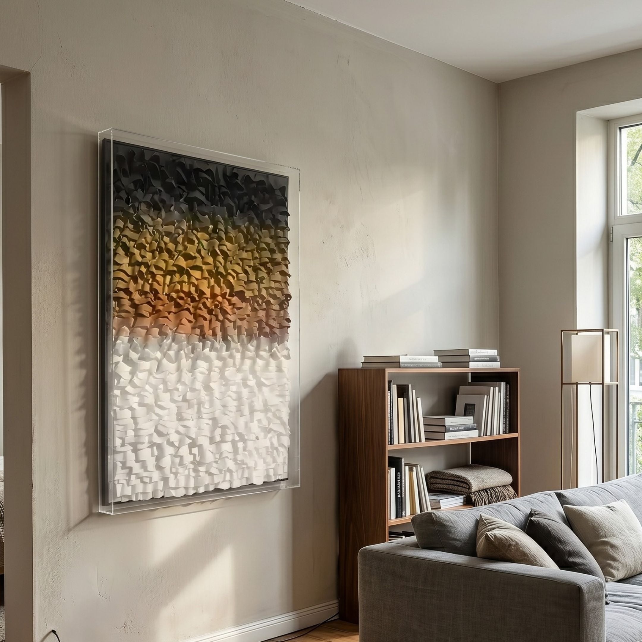 Vistra Black, Amber & White Ombre Ruffled 3D Paper Wall Art in an acrylic box frame, mounted in a sunlit living room beside a wooden bookshelf and grey sofa.