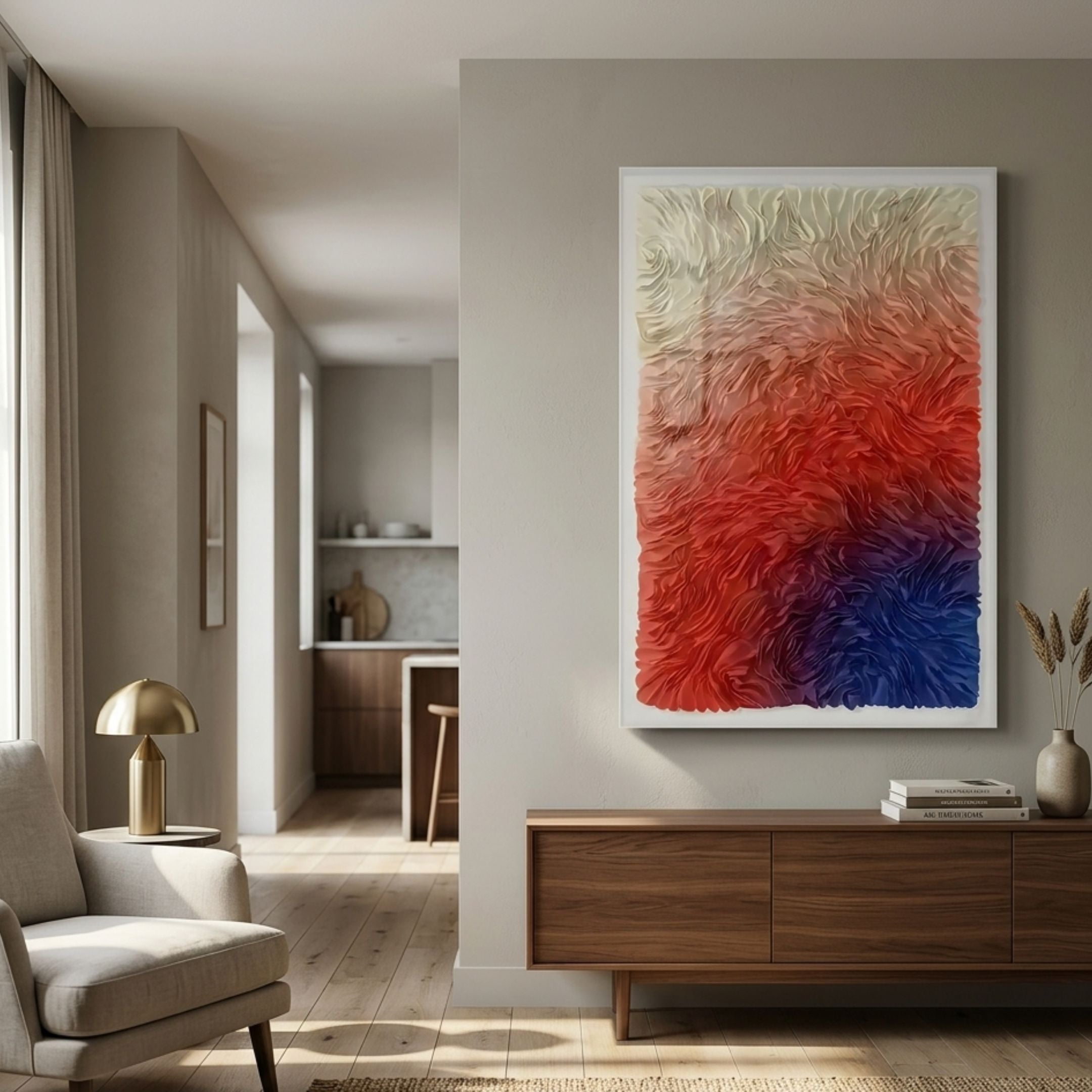 Floravia II Red & Blue Ombre Leather 3D Wall Art by Giant Sculptures displayed above a walnut sideboard in a neutral living room with armchair and lamp.