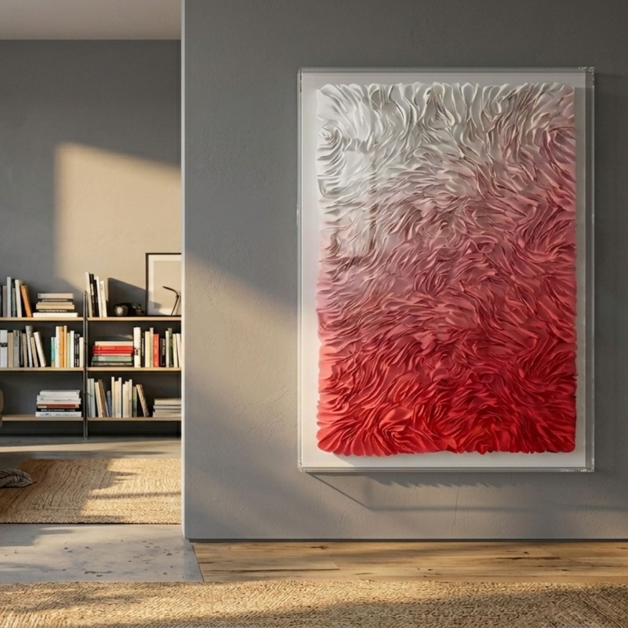 Floravia White & Cherry Pink Ombre Leather 3D Wall Art mounted in an acrylic case on a grey wall beside a modern living room with a low bookshelf.