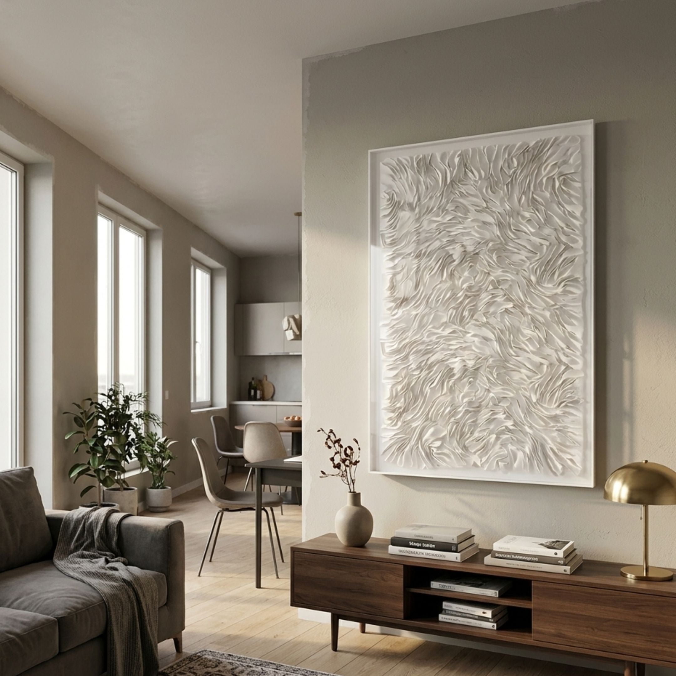 Floravia II White Ruffled Left Leather 3D Wall Art by Giant Sculptures displayed in a neutral living room above a walnut console with brass lamp and books.