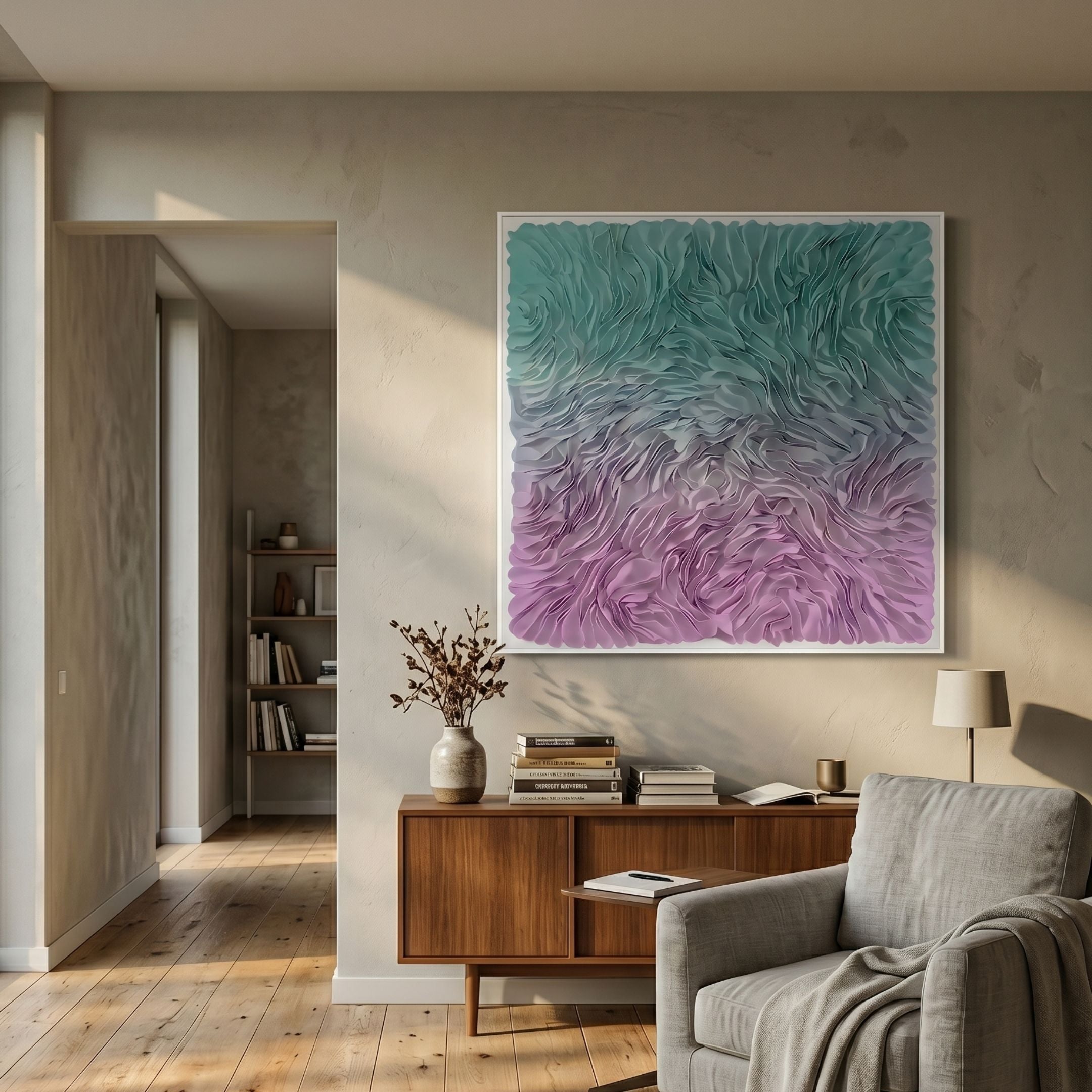 Floravia Mint Green & Lavender Ombre Leather 3D Wall Art displayed above a walnut sideboard with books and a vase in a sunlit modern living room.