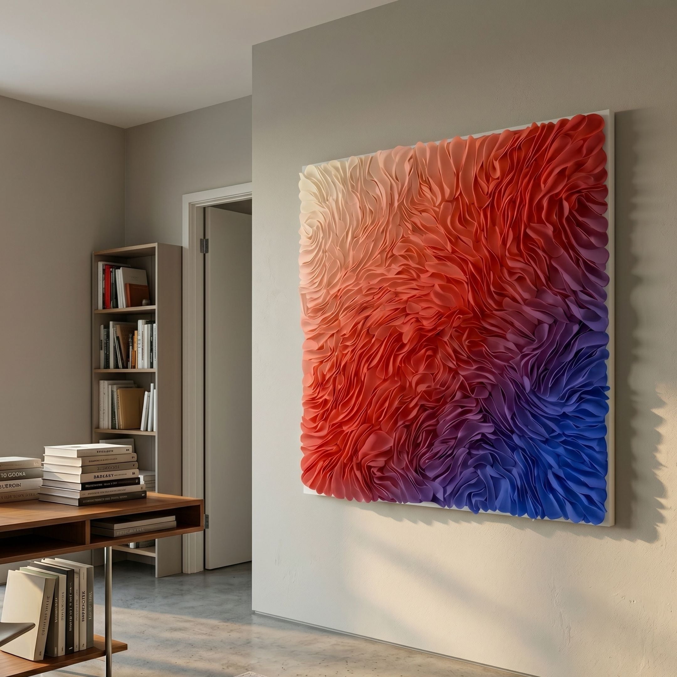 Floravia I Red & Blue Ombre Leather 3D Wall Art by Giant Sculptures displayed on a grey wall in a modern study with bookshelves and a wooden desk.
