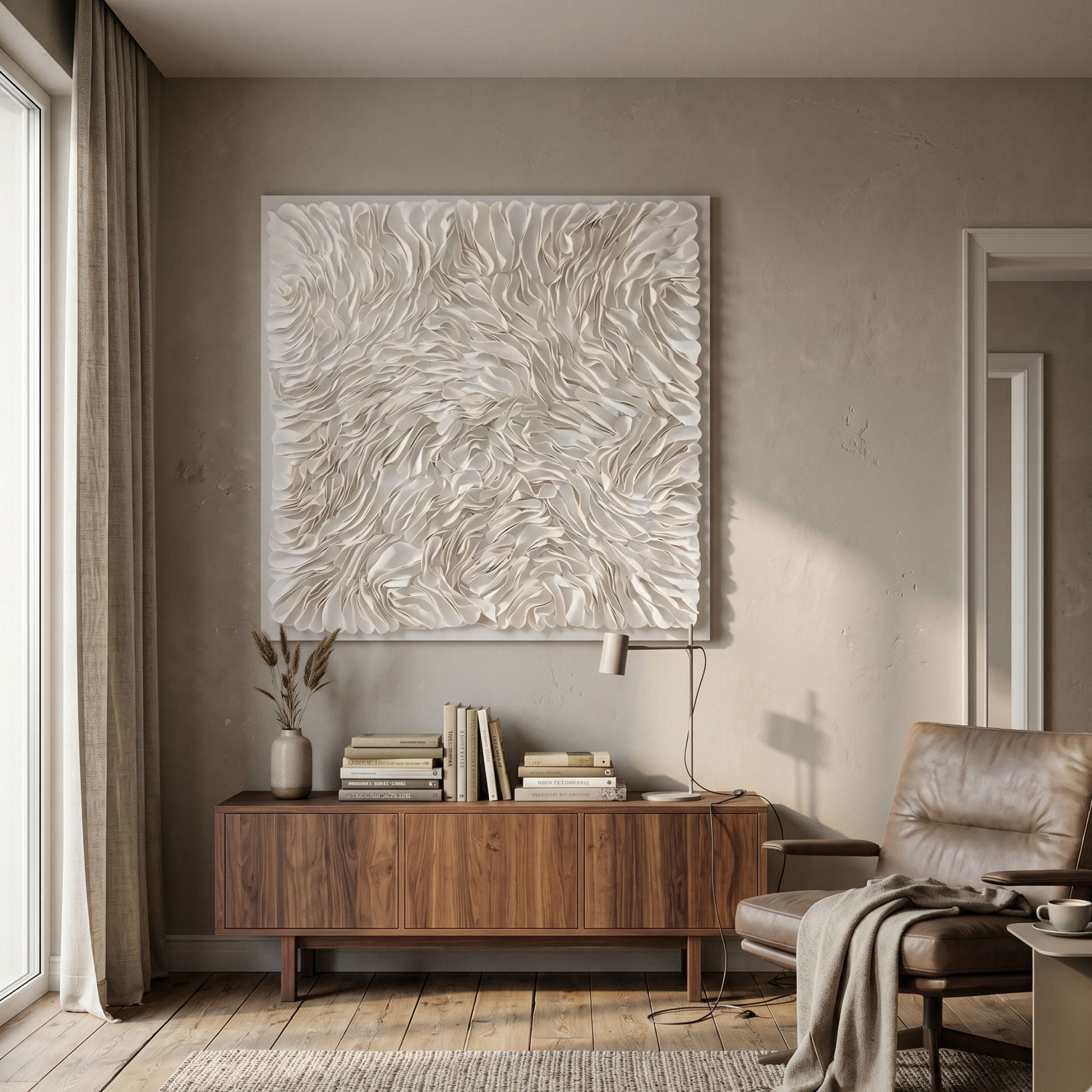 Floravia I White Ruffled Left Leather 3D Wall Art by Giant Sculptures displayed above a walnut sideboard with books and dried grasses in a neutral living room.