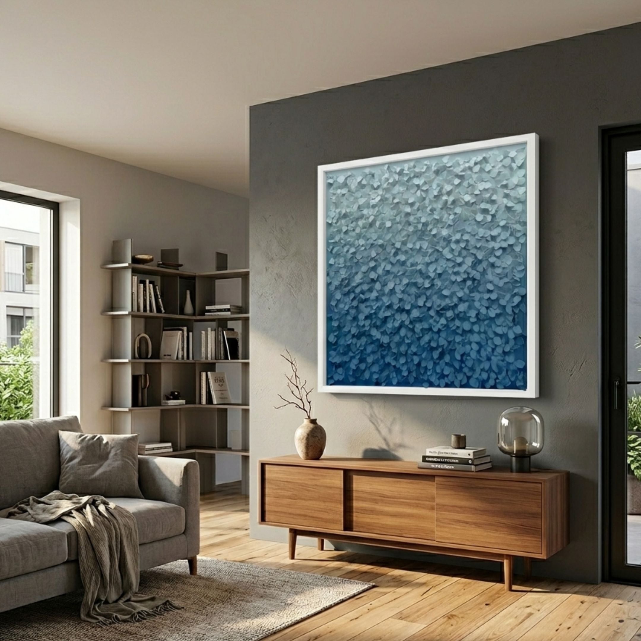 Bloom Sky & Navy Blue Curved Petal Acrylic 3D Wall Art by Giant Sculptures displayed above a wooden sideboard in a modern living room with grey sofa.