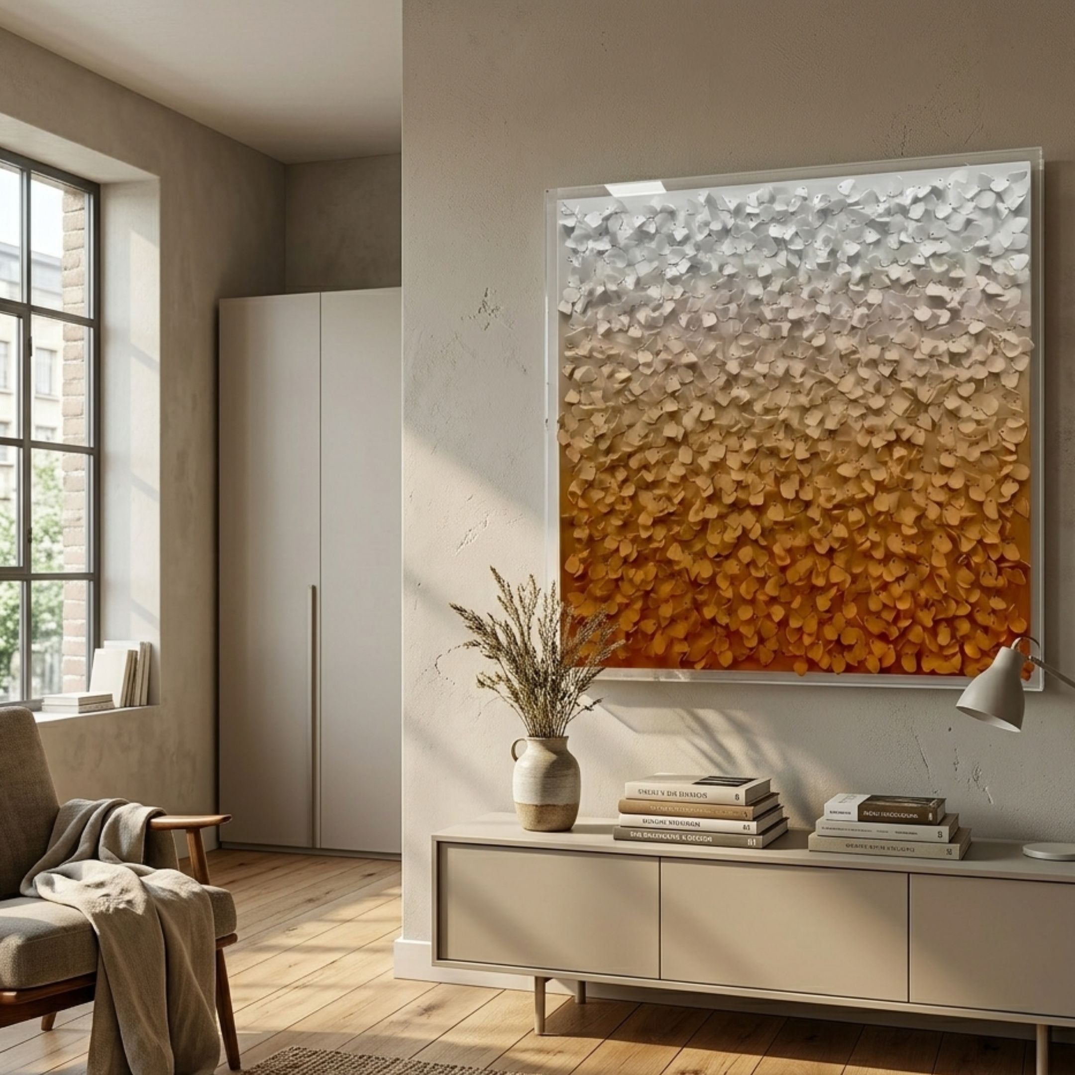 Bloom White & Amber Gradient Curved Petal Acrylic 3D Wall Art by Giant Sculptures displayed above a cream sideboard in a sunlit modern living room.