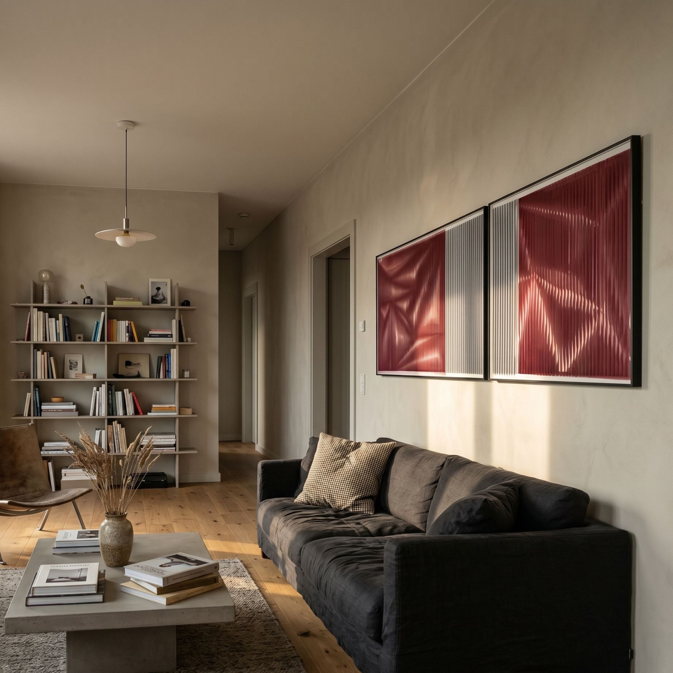 Vistara VI Crimson & White Crinkle Texture Acrylic 3D Wall Art by Giant Sculptures displayed above a dark grey sofa in a living room with bookshelf.