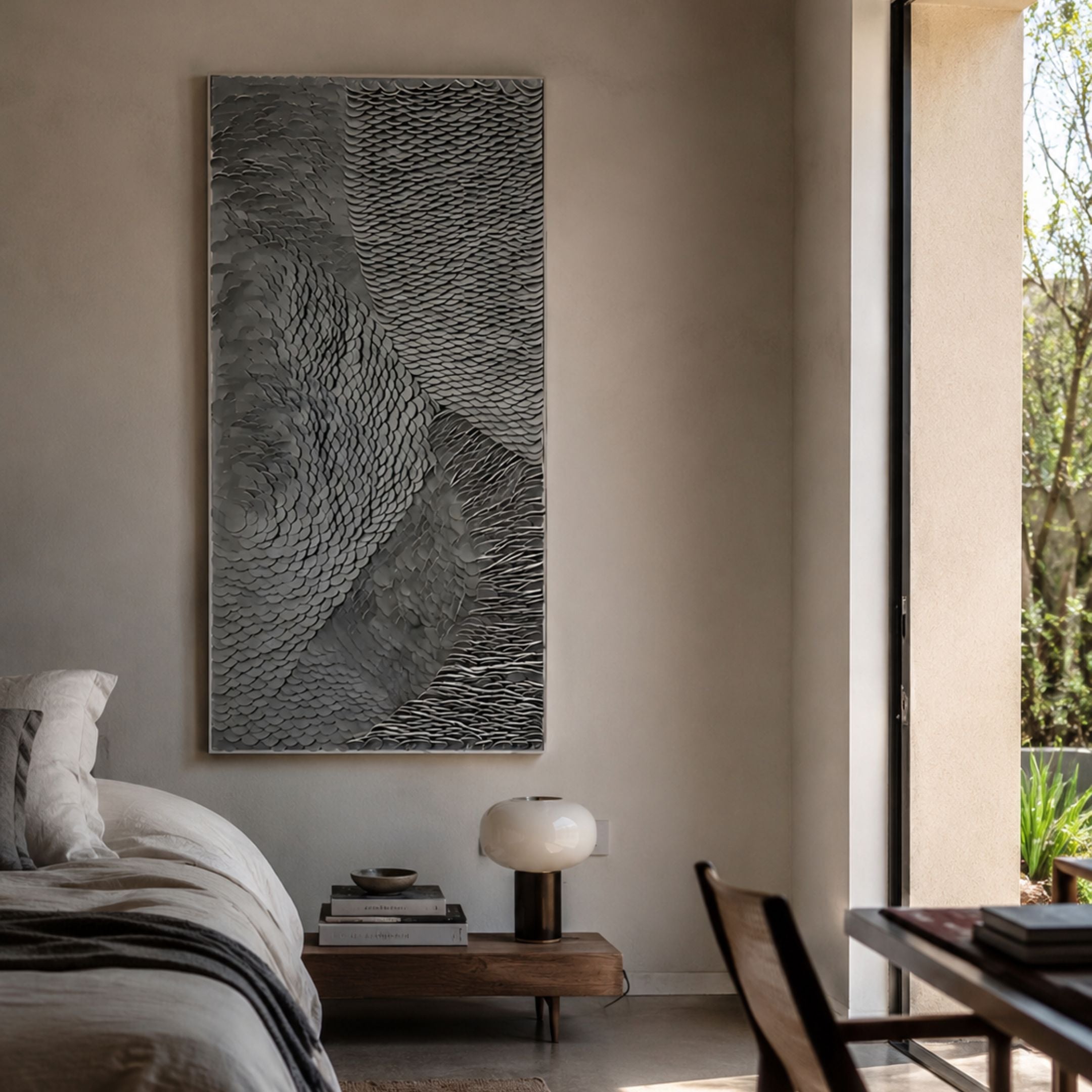 Vermira Deep Grey Textured Leather 3D Metal Framed Wall Art by Giant Sculptures displayed in a neutral bedroom above a wooden bench with a lamp.