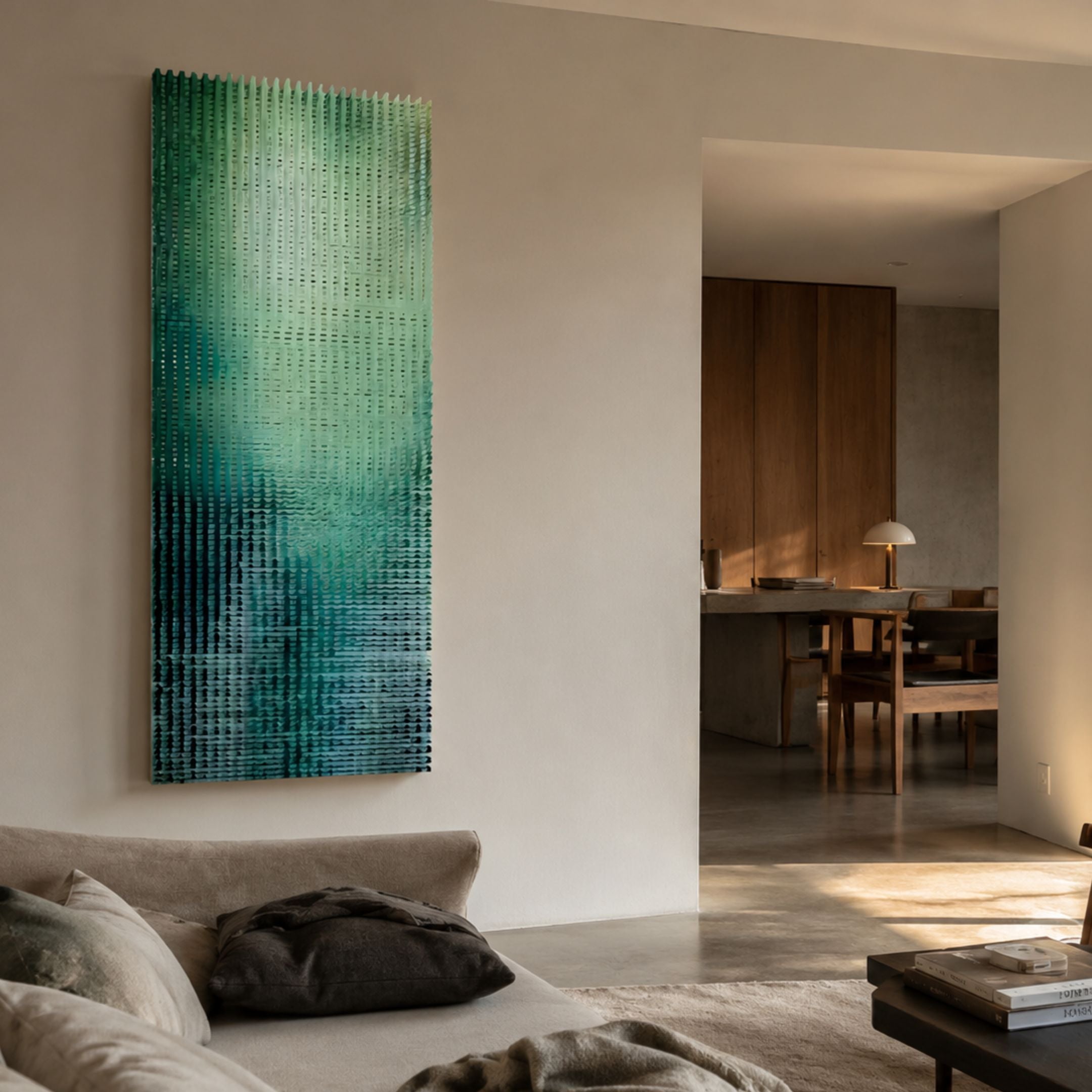 Aquavue Teal & Emerald Gradient Acrylic 3D Wall Art mounted in a modern living room above a linen sofa, with a wood-furnished dining area visible beyond.