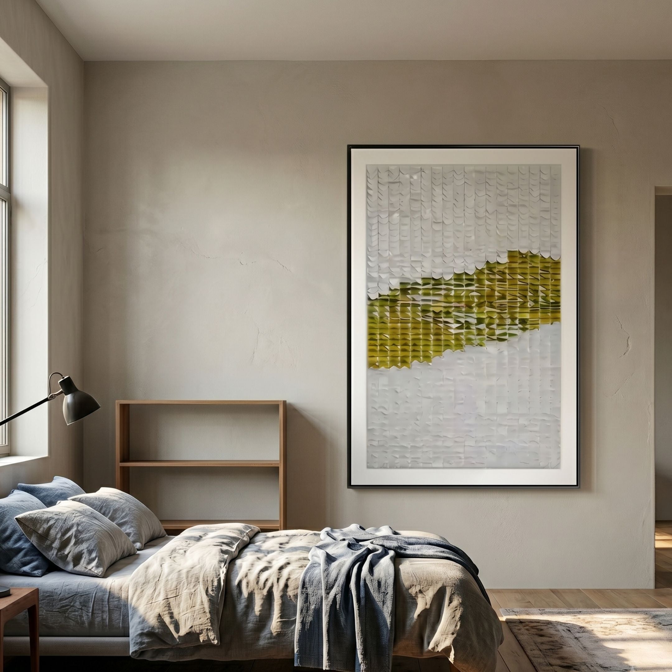 Fractura Sunlit Yellow Vertical 3D Acrylic Wall Art by Giant Sculptures in a black frame, displayed above a wooden shelf in a neutral bedroom with a linen-dressed bed.